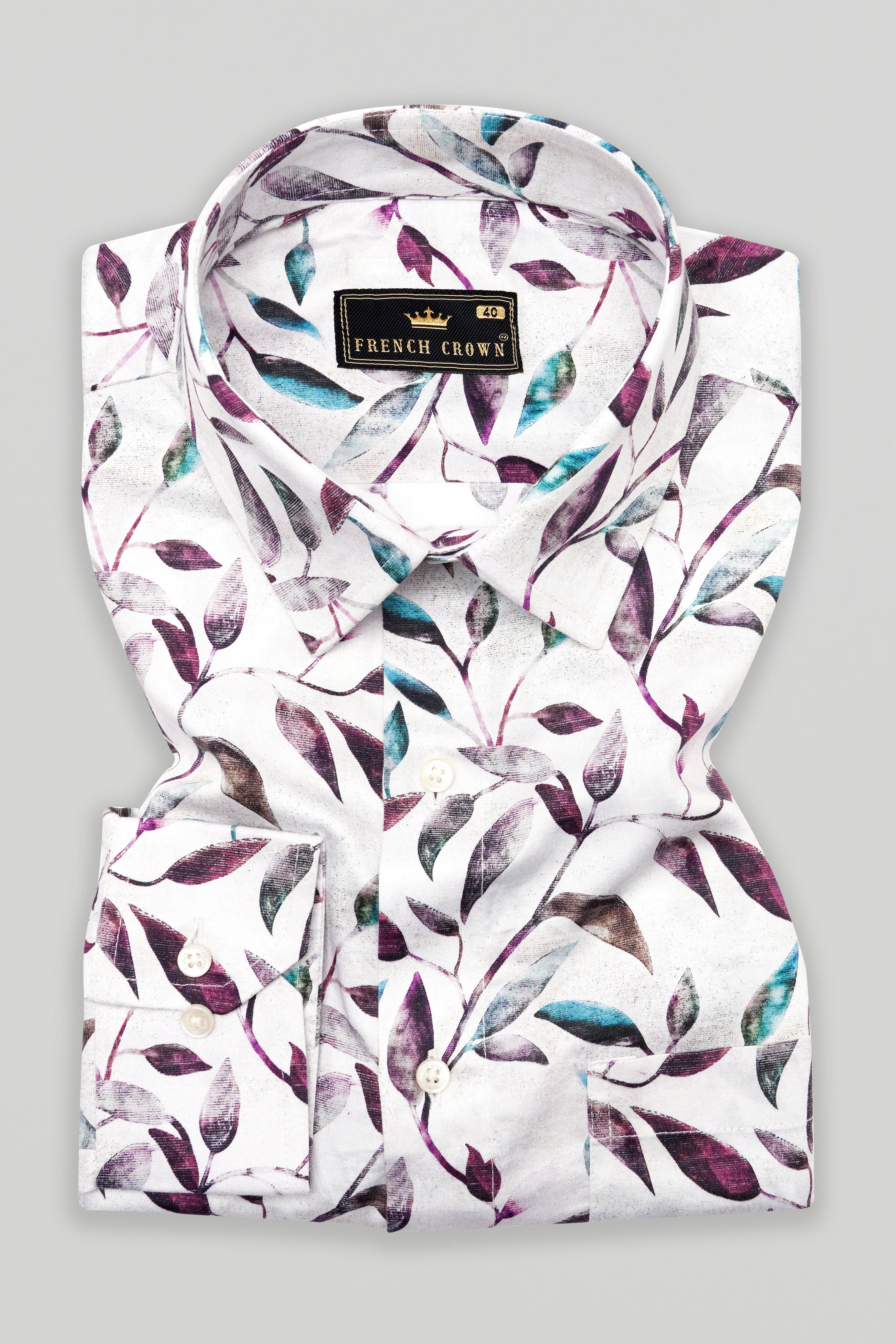 Bright White Multicolour Leaves Printed Super Soft Premium Cotton Shirt sold by French Crown product image thumbnail 3