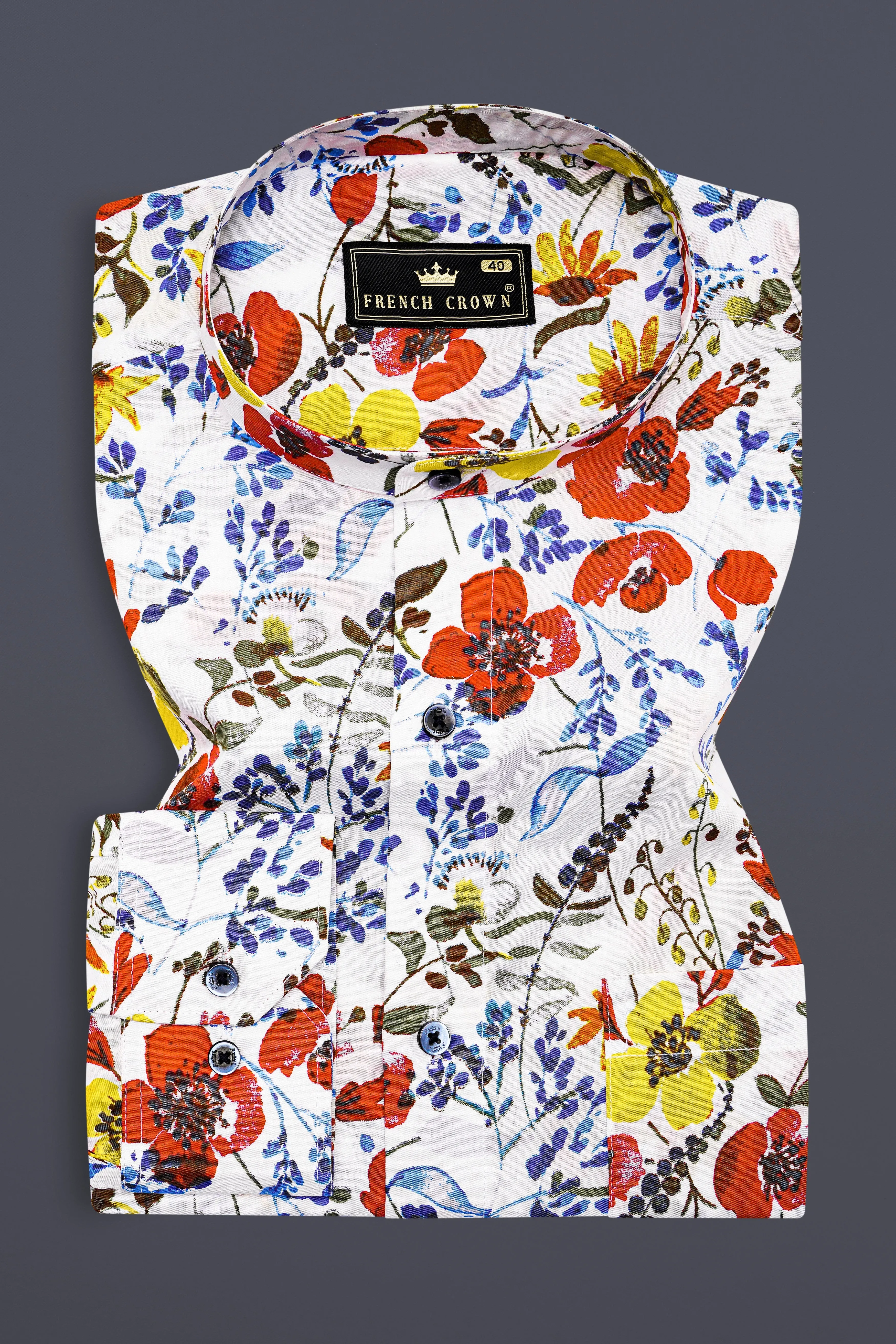 Bright White Multicolour Flower Printed Premium Cotton Shirt sold by French Crown product image thumbnail 3