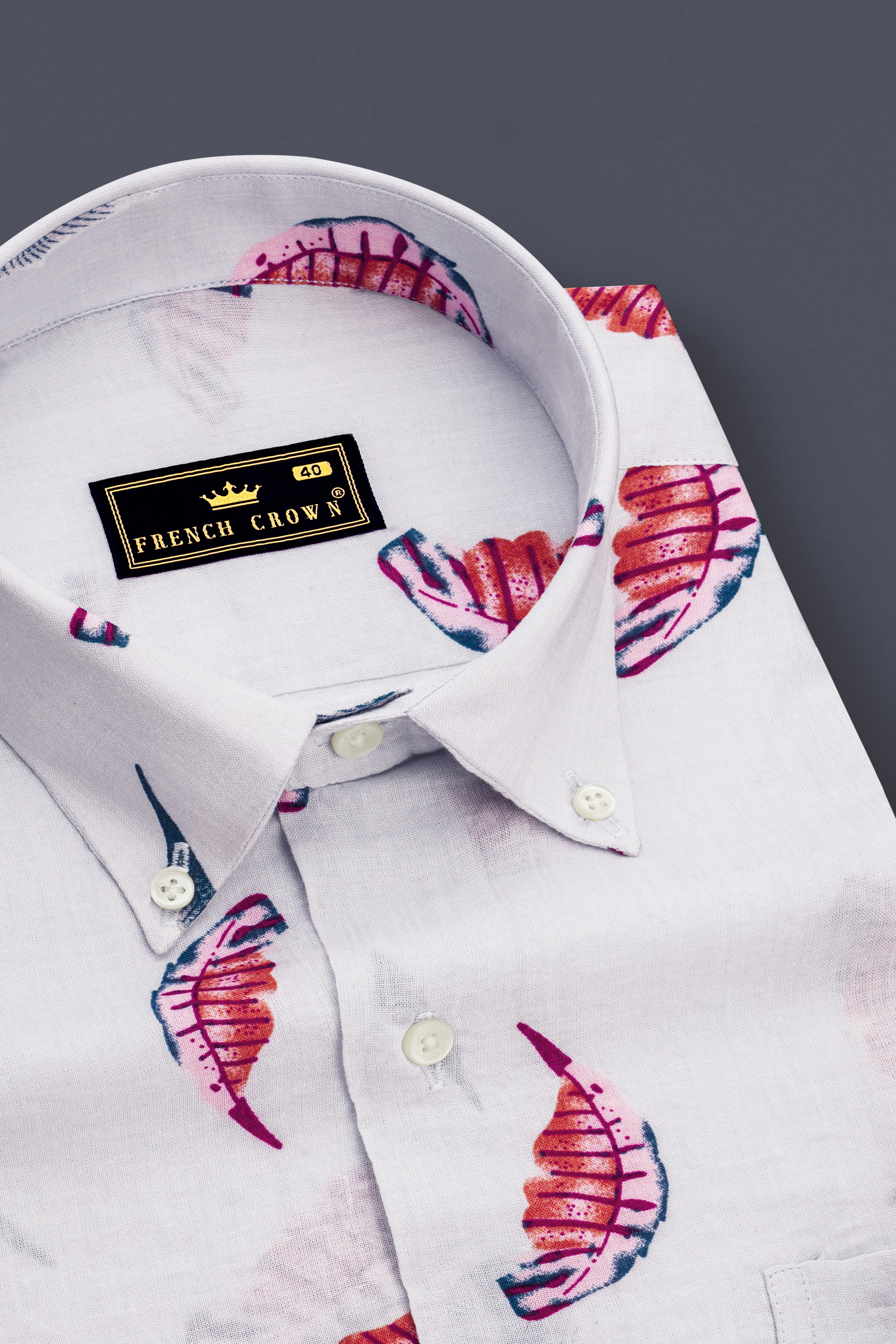 Bright White Leaves Printed Lightweight Premium Cotton Oversized Shirt sold by French Crown product image thumbnail 4