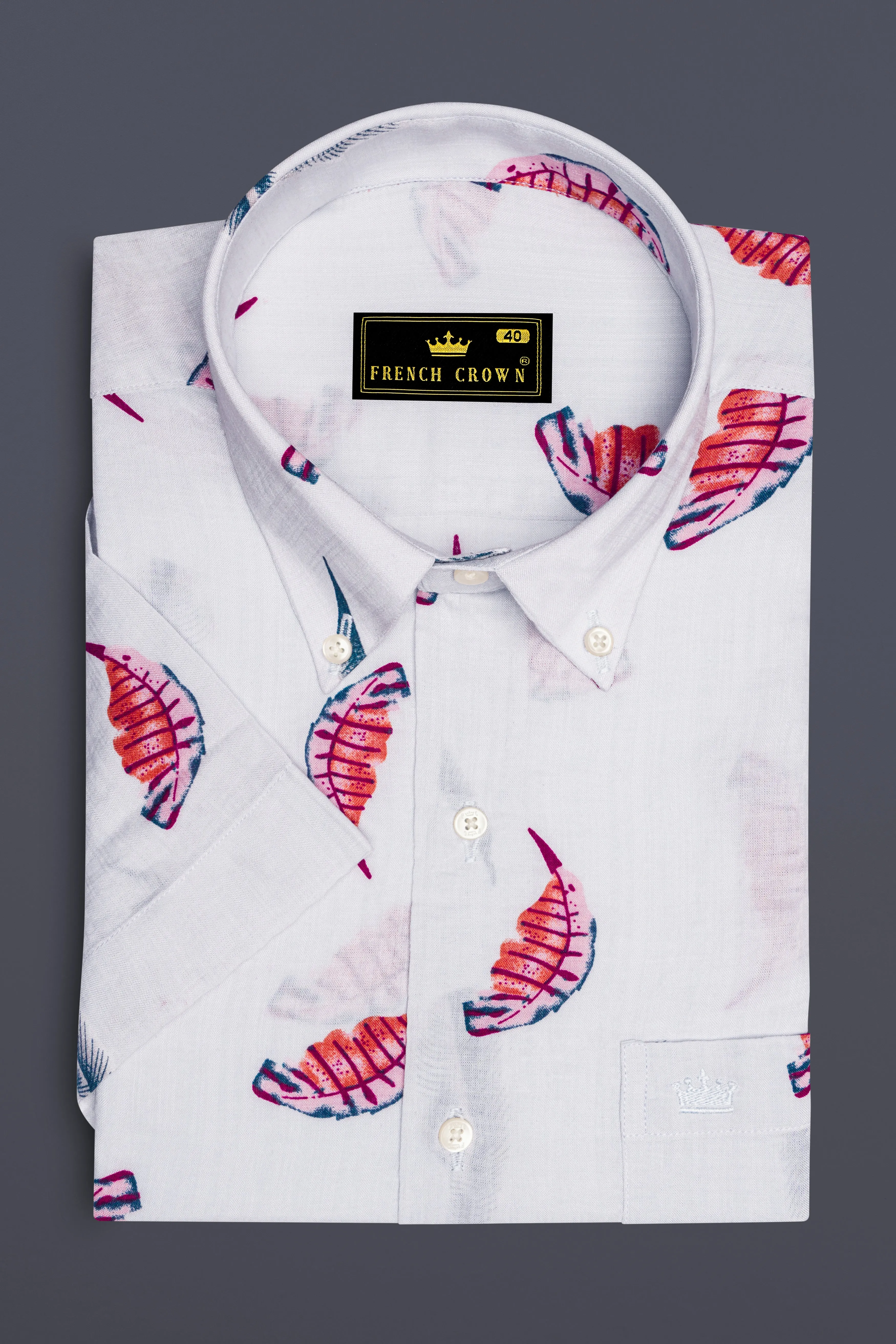 Bright White Leaves Printed Lightweight Premium Cotton Oversized Shirt sold by French Crown product image thumbnail 5