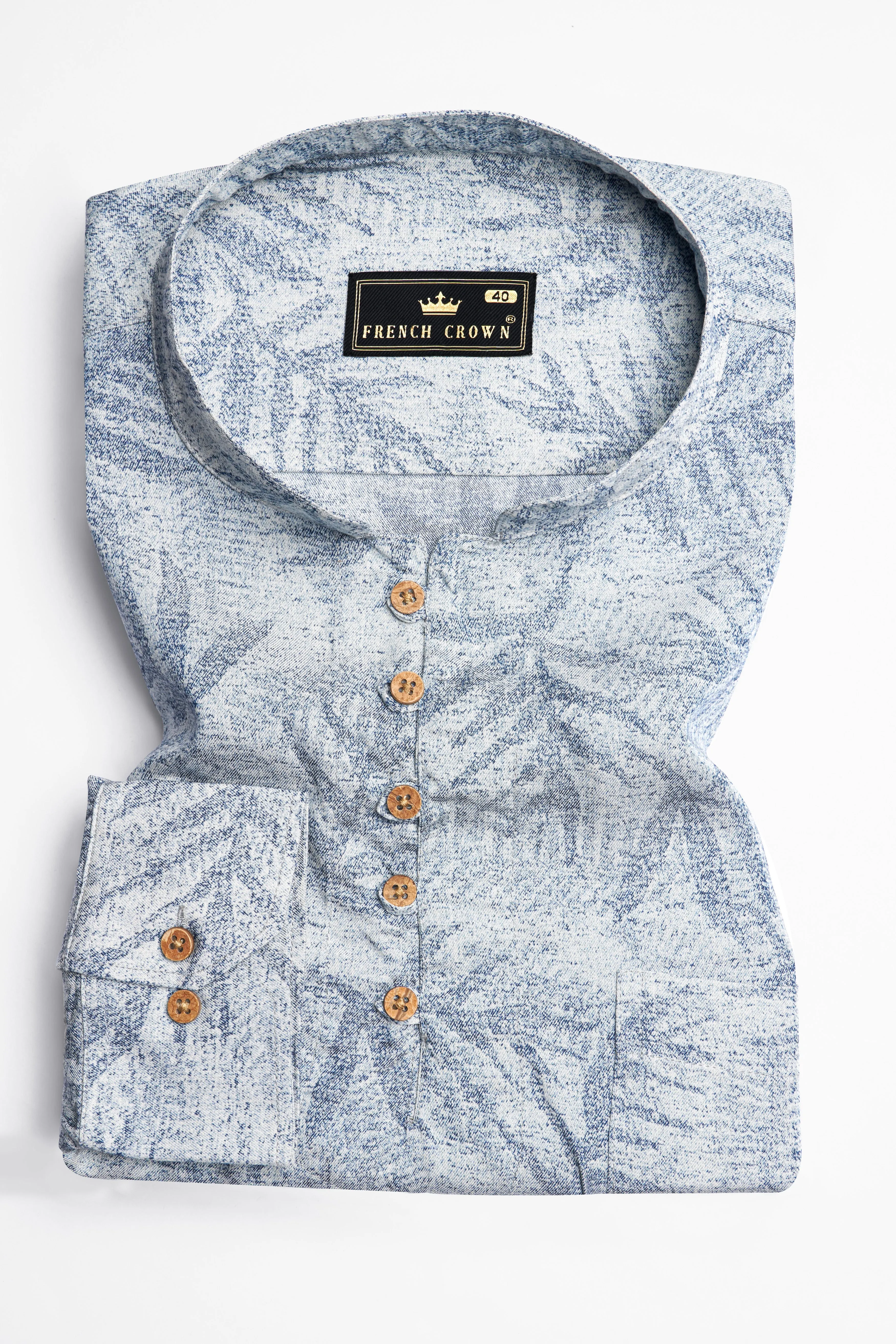 Bright White and Nile Blue Leaves Printed Premium Cotton Kurta Shirt sold by French Crown product image thumbnail 2