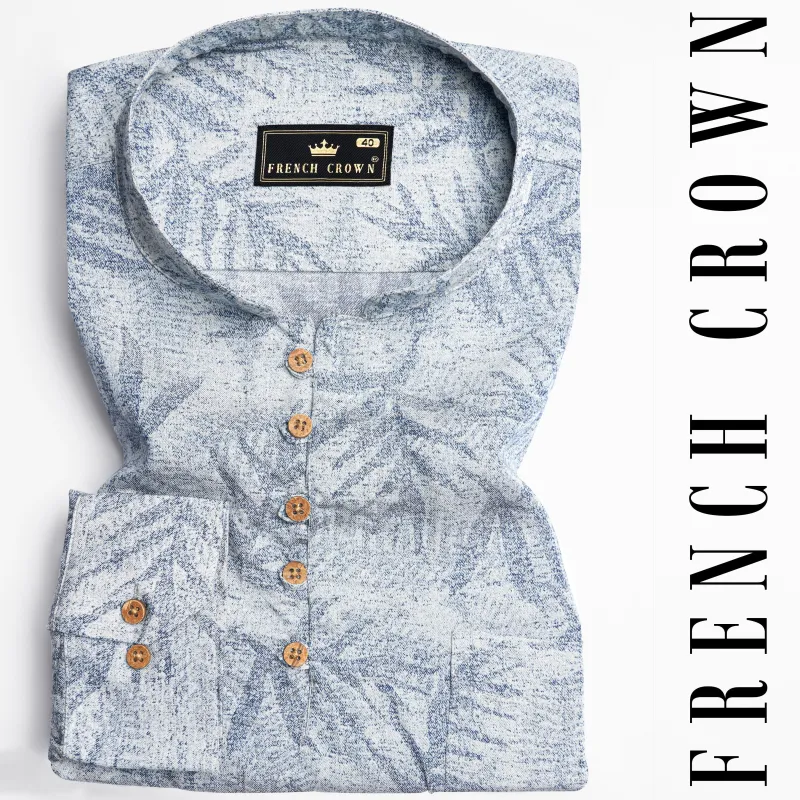Bright White and Nile Blue Leaves Printed Premium Cotton Kurta Shirt sold by French Crown