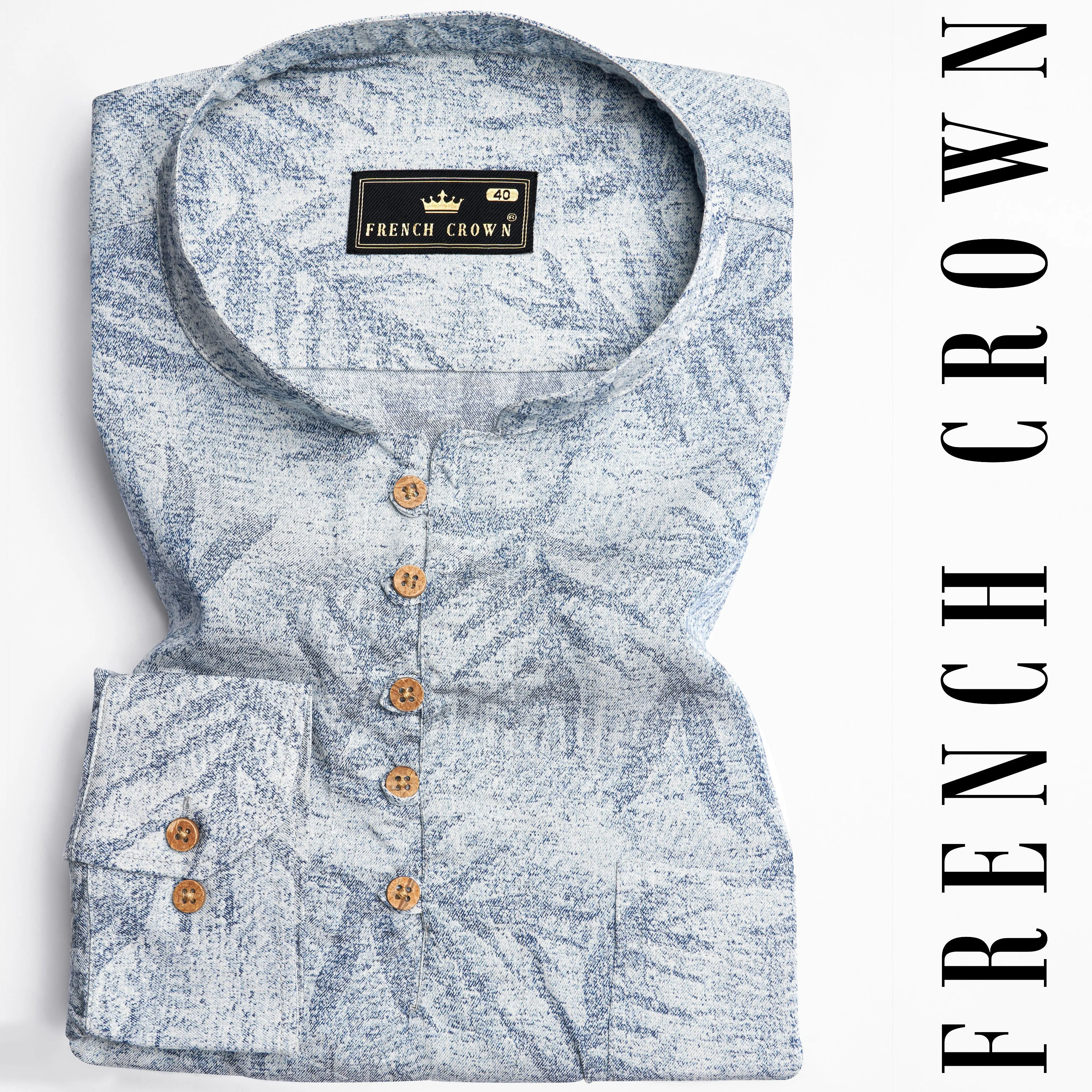 Bright White and Nile Blue Leaves Printed Premium Cotton Kurta Shirt sold by French Crown