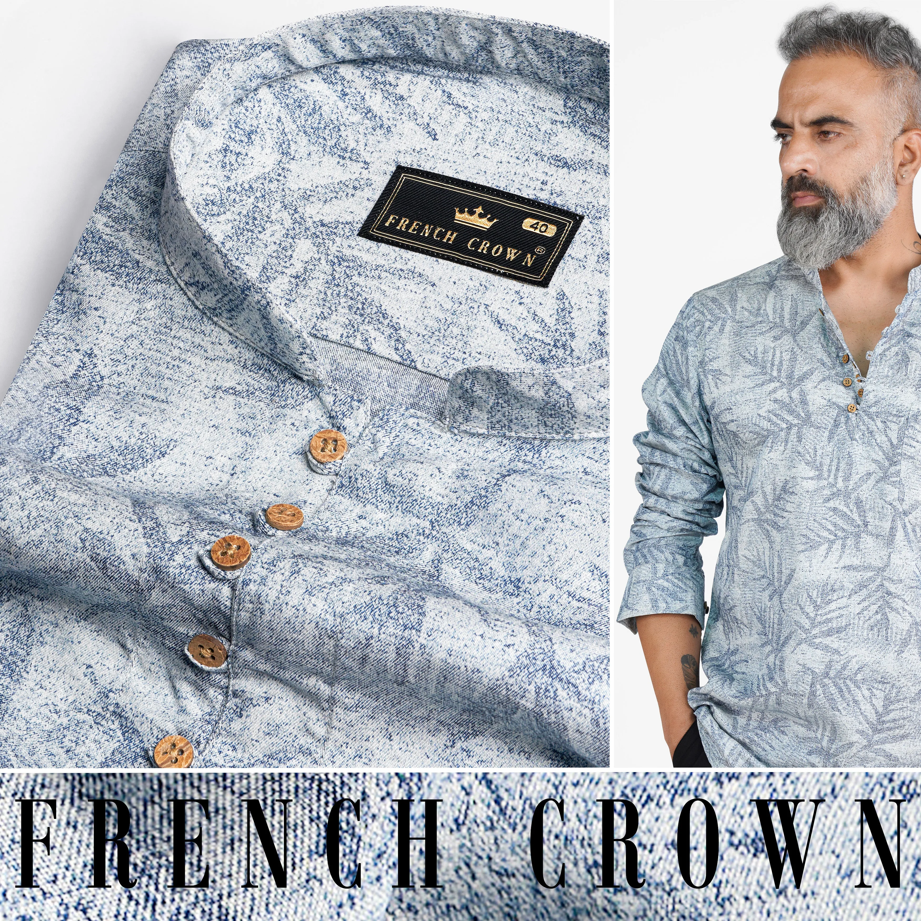 Bright White and Nile Blue Leaves Printed Premium Cotton Kurta Shirt sold by French Crown product image thumbnail 5