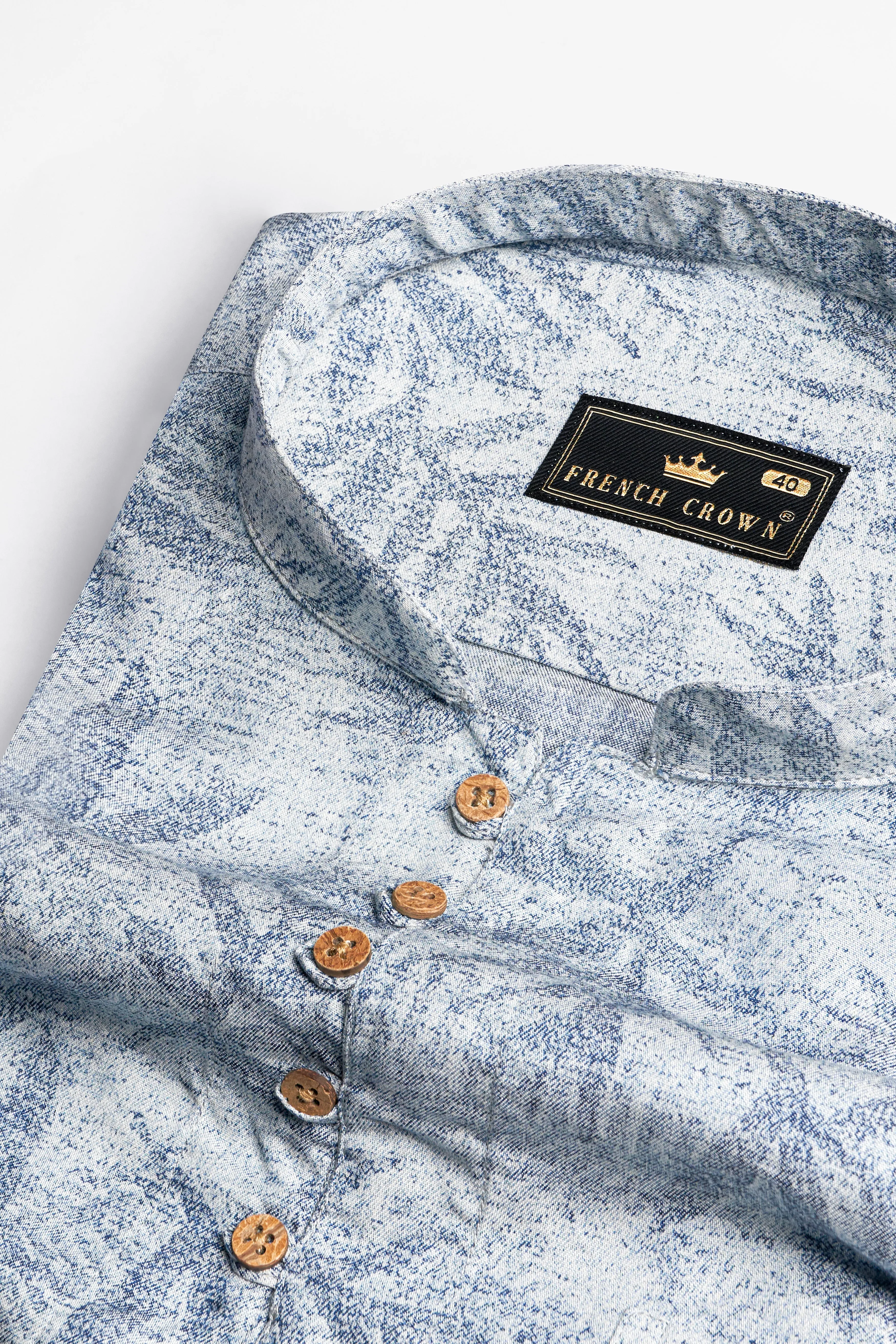 Bright White and Nile Blue Leaves Printed Premium Cotton Kurta Shirt sold by French Crown product image thumbnail 4