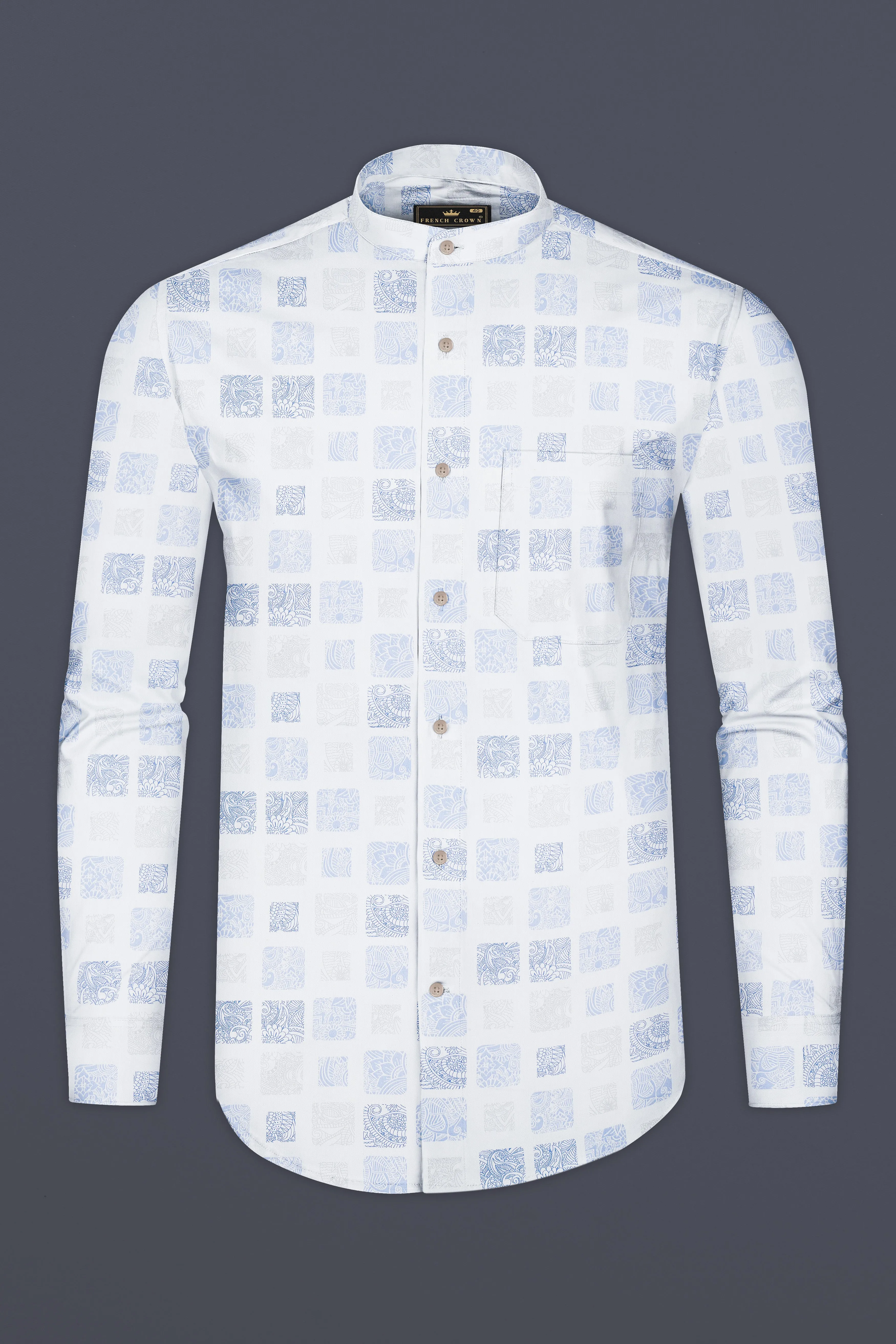 Bright White and Metallic Blue Printed Super Soft Premium Cotton Shirt sold by French Crown product image thumbnail 4