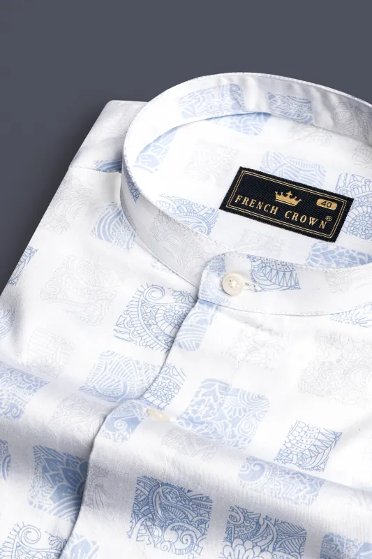 Bright White and Metallic Blue Printed Super Soft Premium Cotton Shirt sold by French Crown