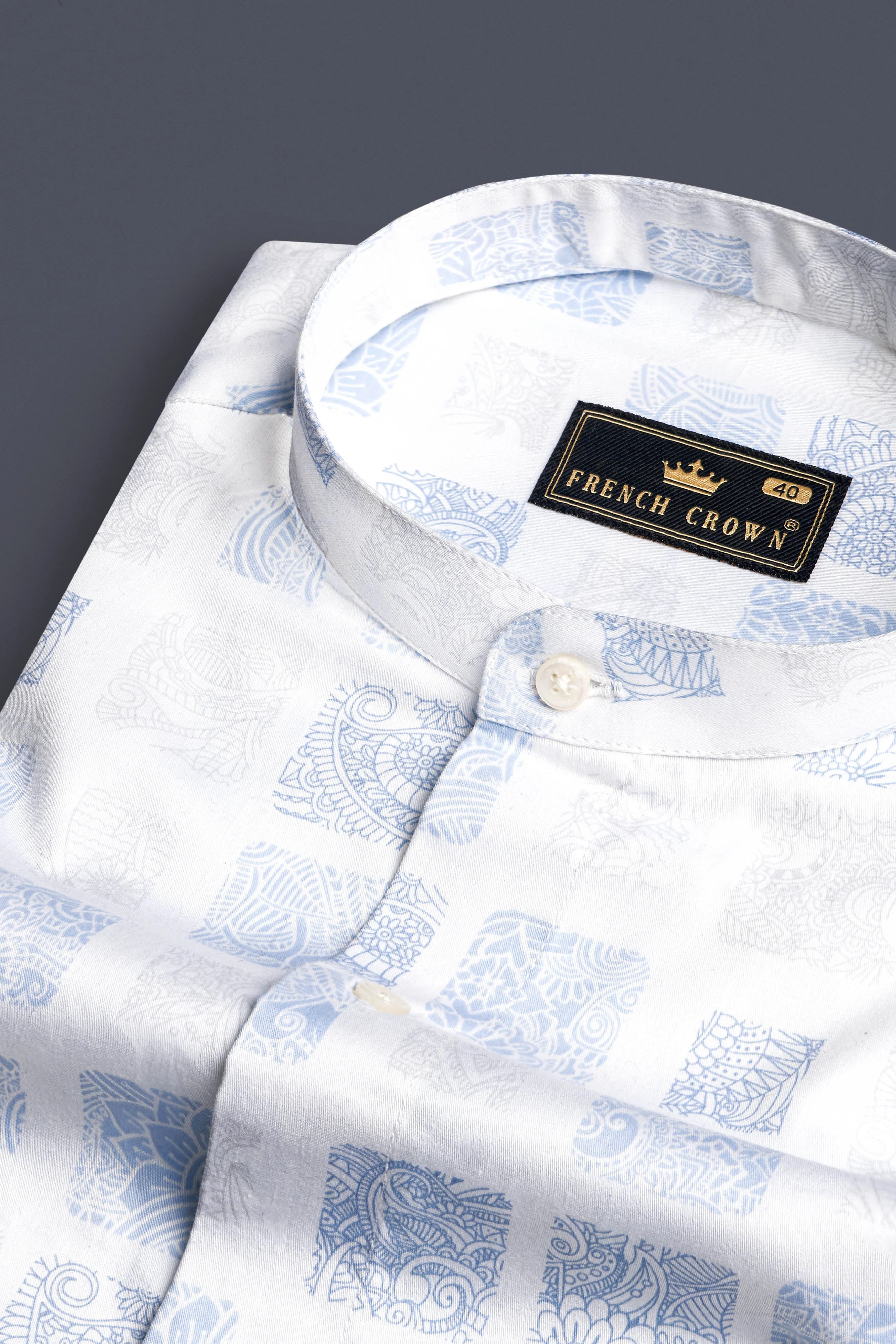 Bright White and Metallic Blue Printed Super Soft Premium Cotton Shirt sold by French Crown