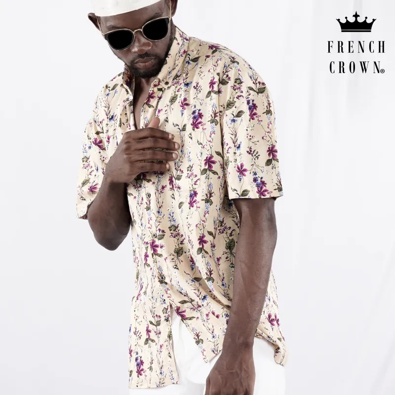 Bone Beige Multicolour Ditsy Printed Lightweight Premium Cotton Oversized Shirt sold by French Crown
