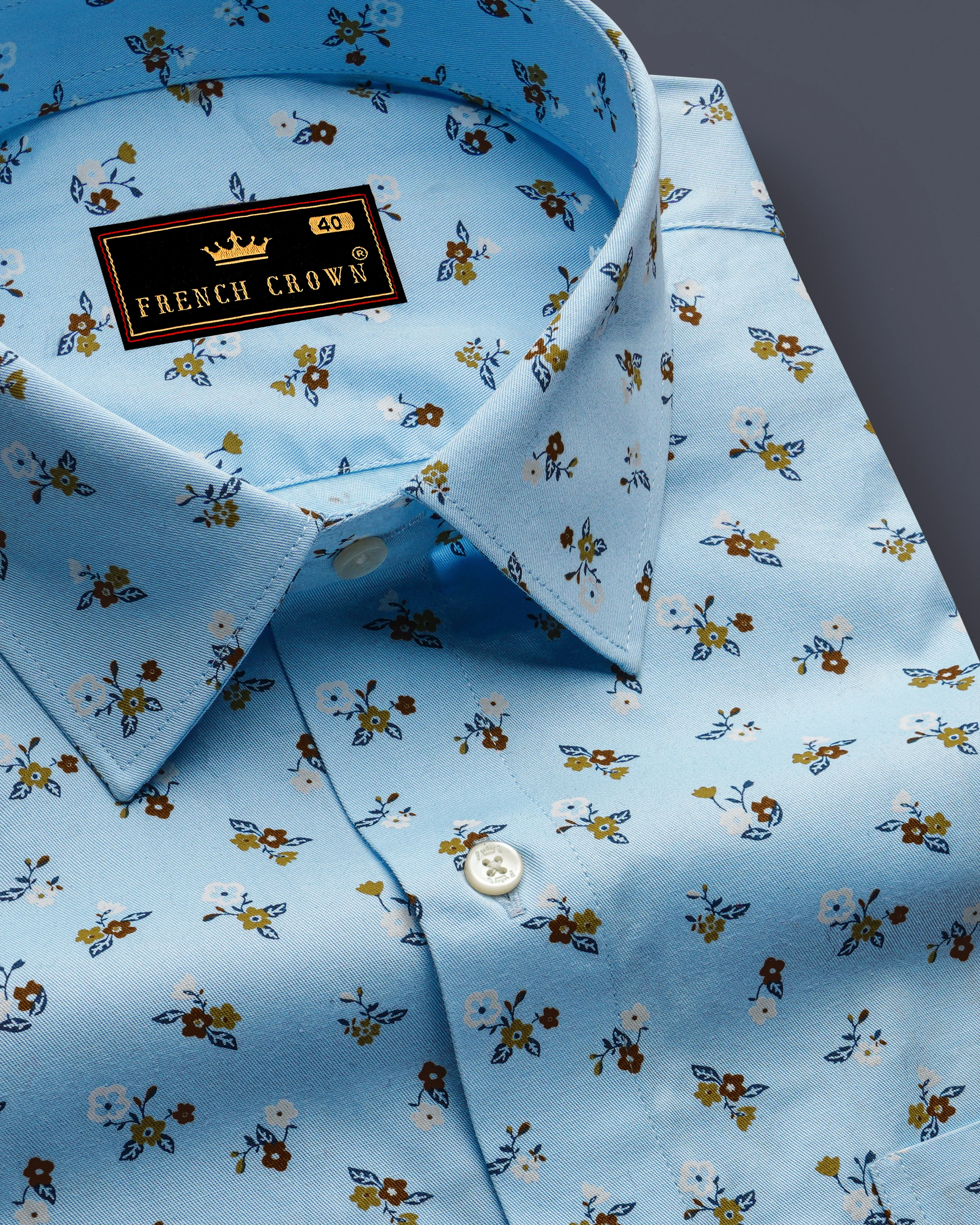 Blizzard Blue Ditsy Printed Twill Premium Cotton Shirt sold by French Crown