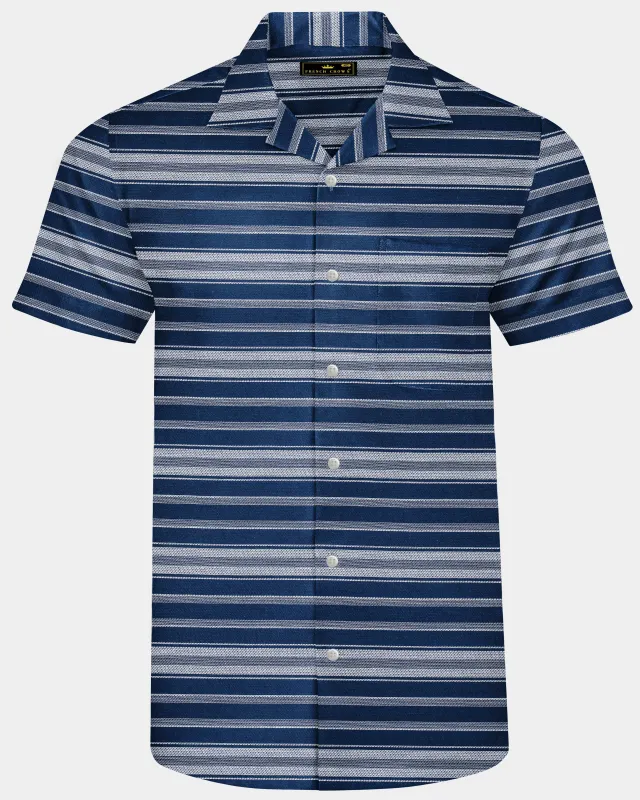 Blue Multicolour Striped Dobby Textured Half-Sleeved Shirt sold by French Crown