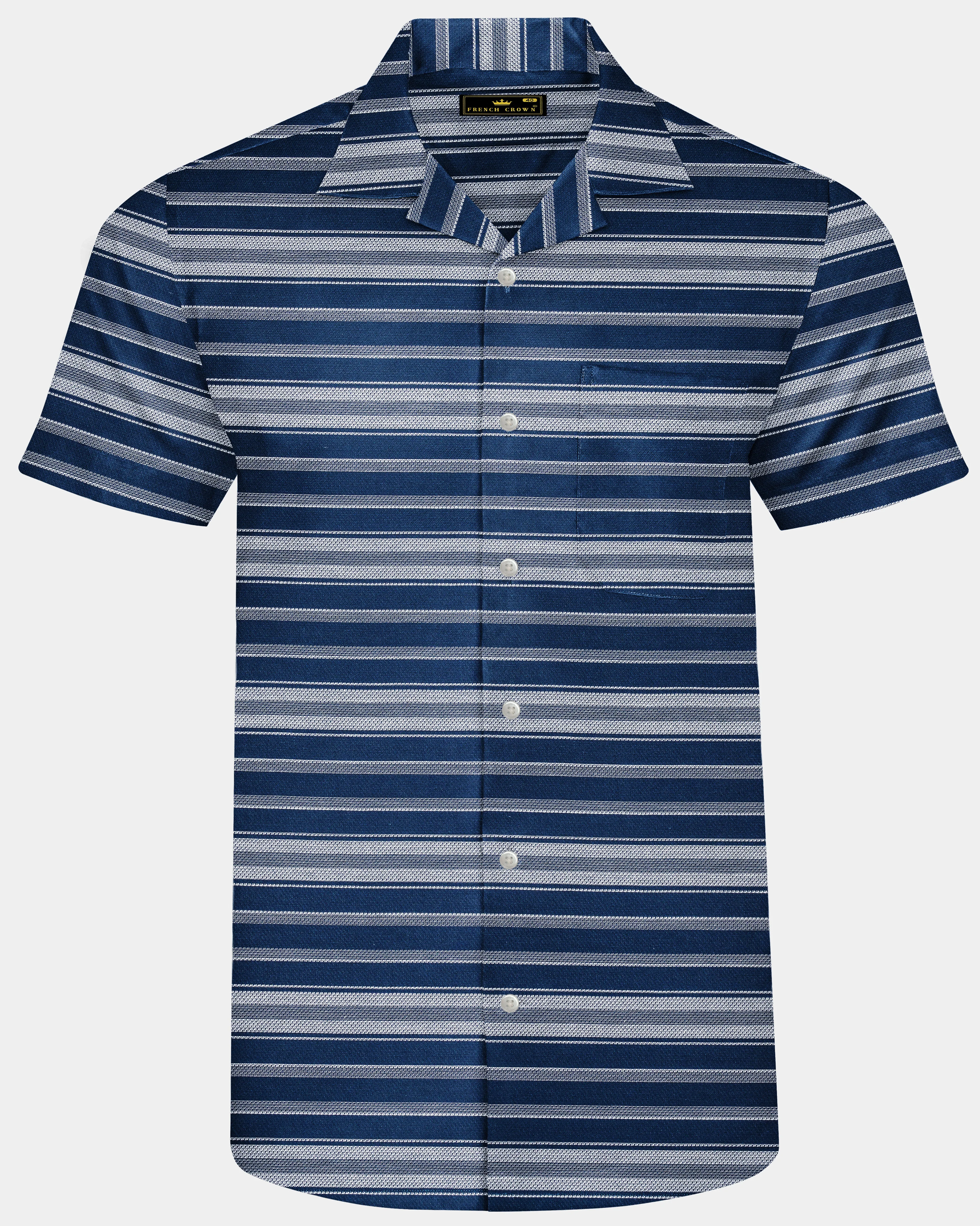 Blue Multicolour Striped Dobby Textured Half-Sleeved Shirt sold by French Crown