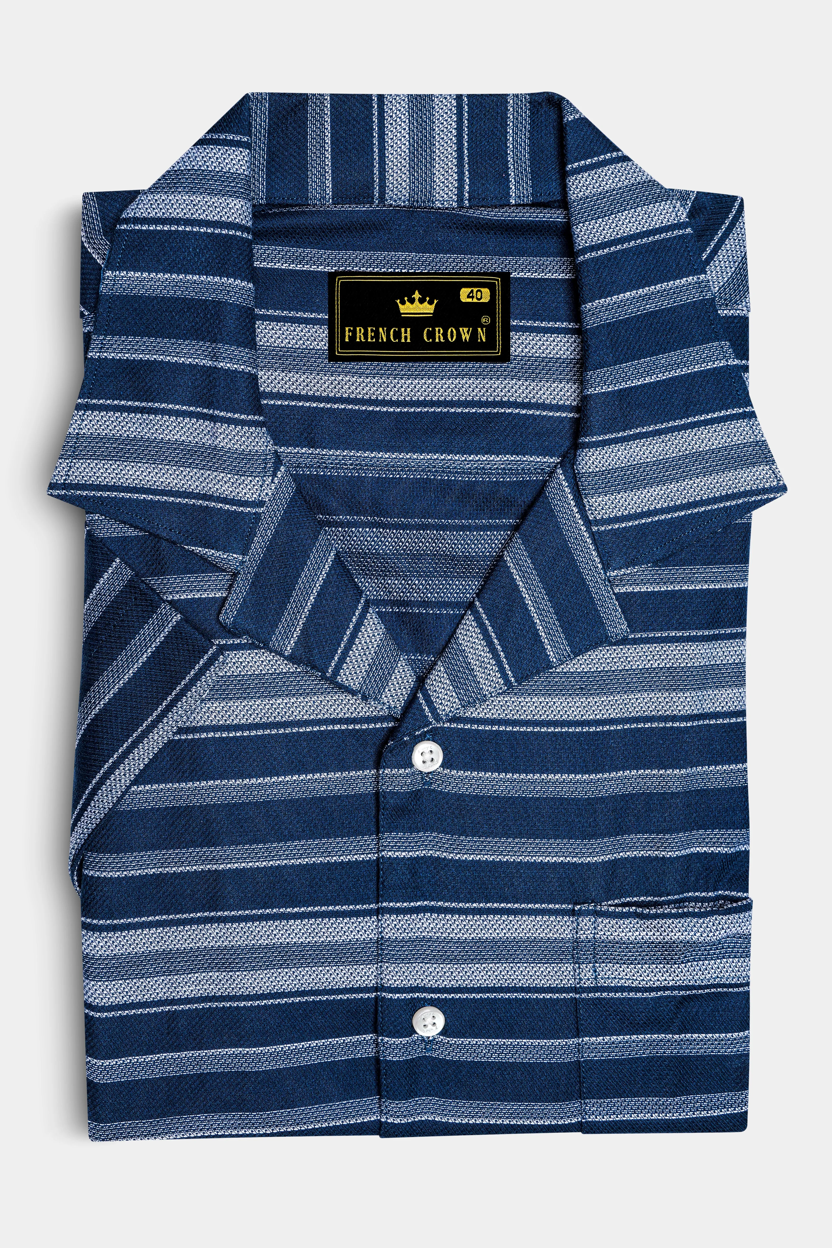 Blue Multicolour Striped Dobby Textured Half-Sleeved Shirt sold by French Crown product image thumbnail 5