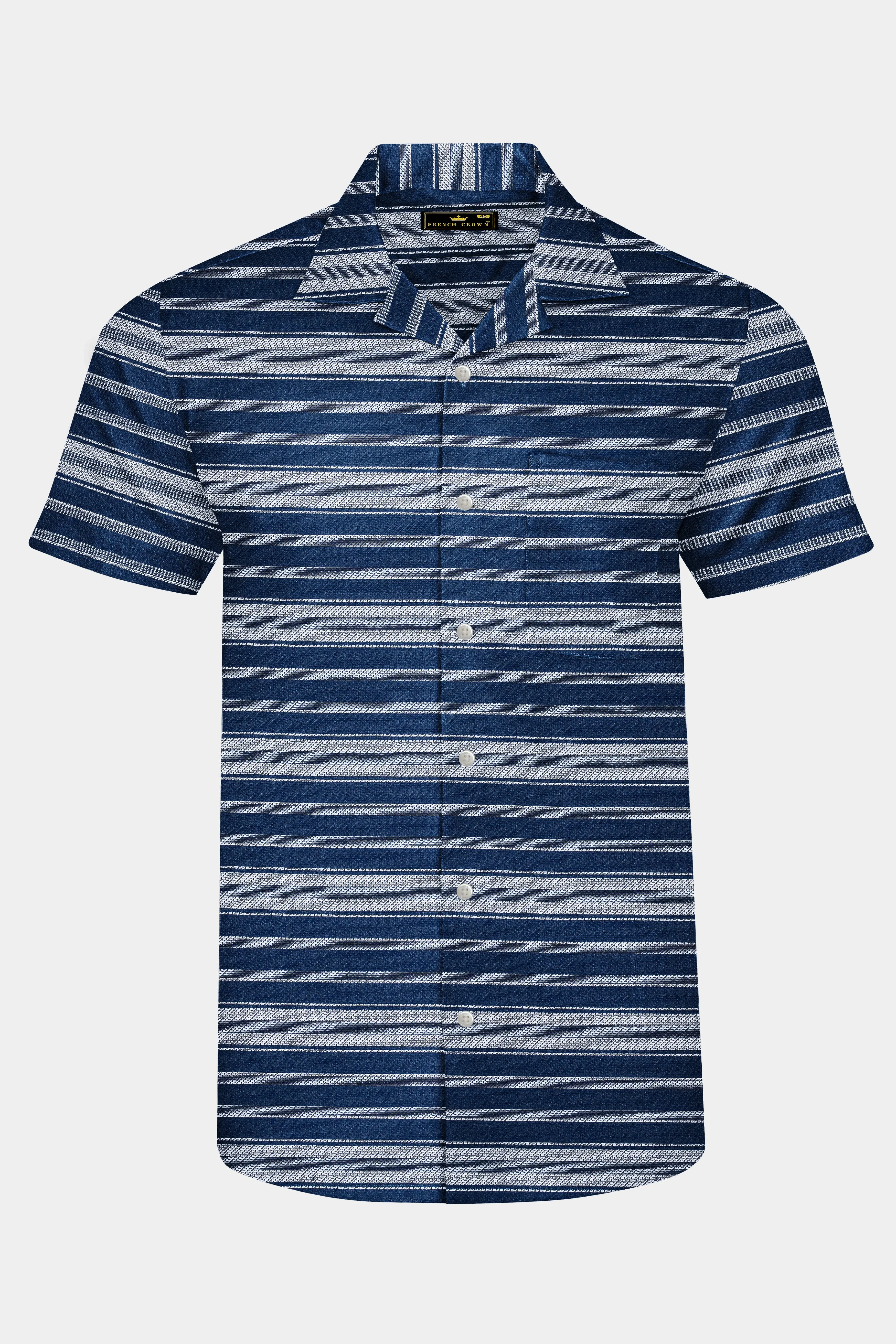 Blue Multicolour Striped Dobby Textured Half-Sleeved Shirt sold by French Crown product image thumbnail 2