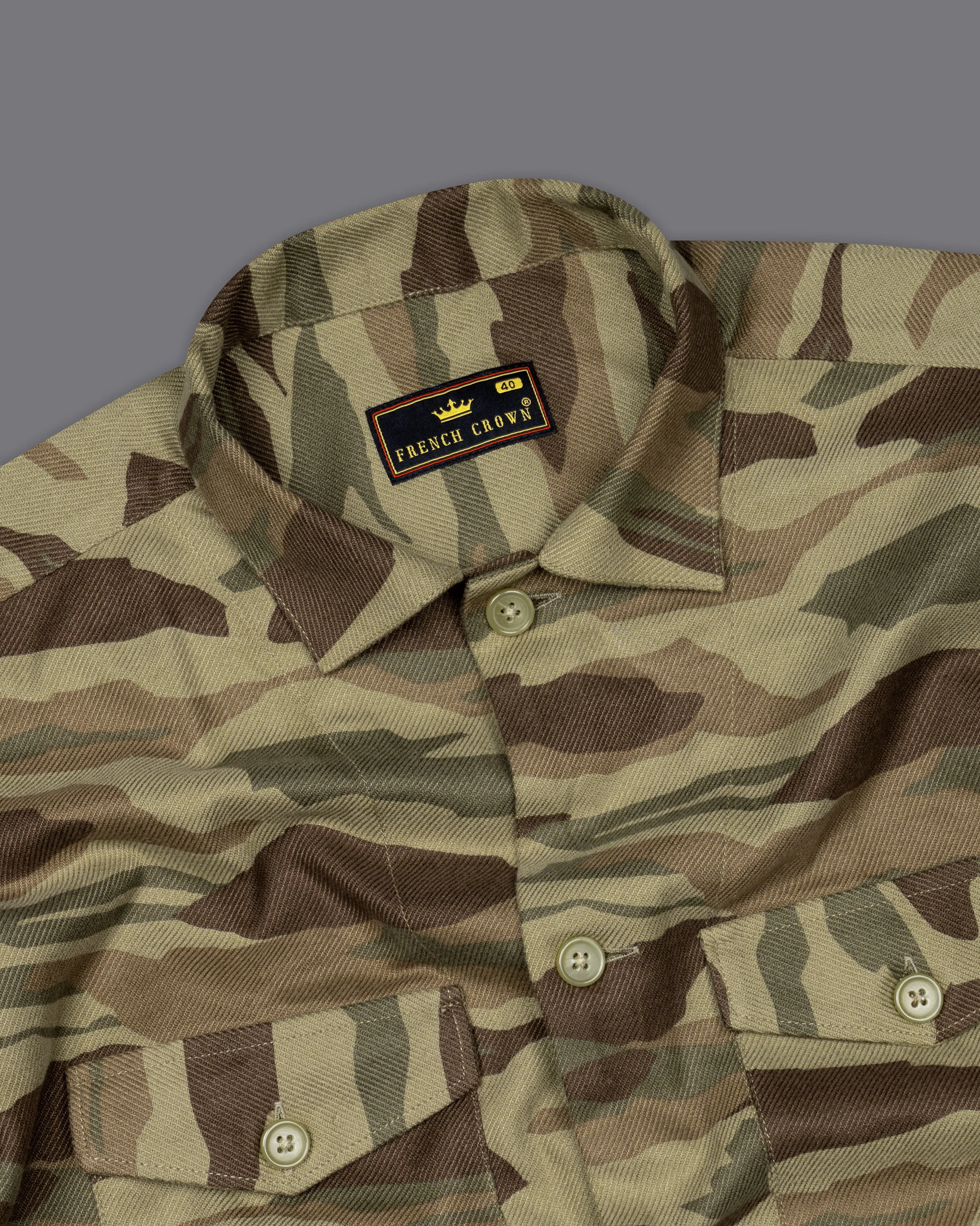 Sandrift Green with Taupe Brown Camouflage Royal Oxford Designer Shirt sold by French Crown product image thumbnail 5