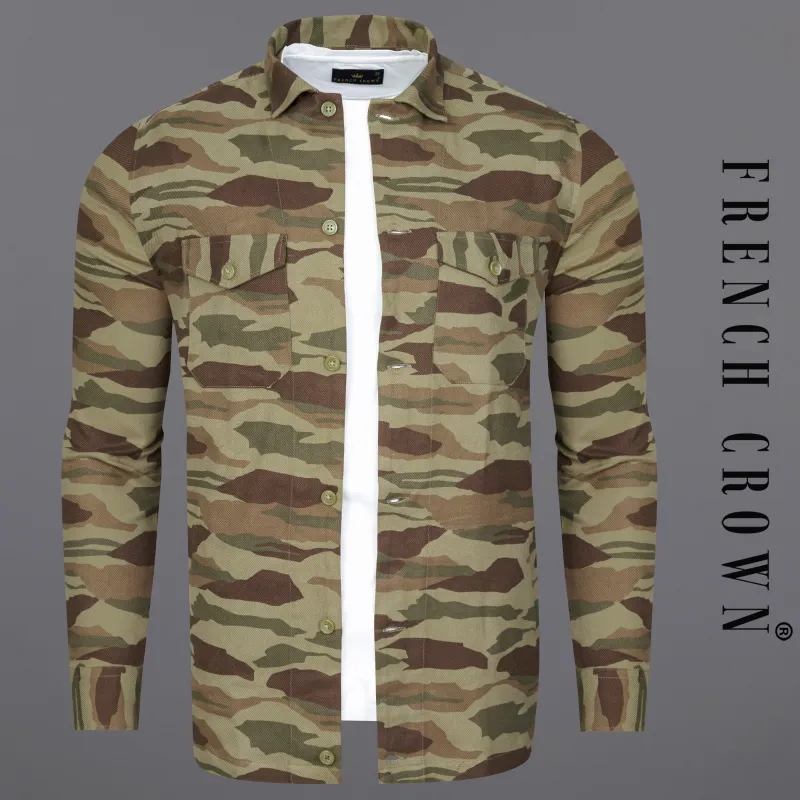 Sandrift Green with Taupe Brown Camouflage Royal Oxford Designer Shirt sold by French Crown