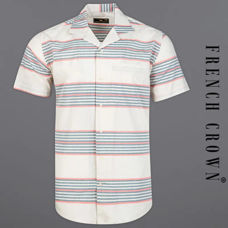 Porcelain Beige Muticolour Striped Premium Cotton Half Sleeves Shirt sold by French Crown