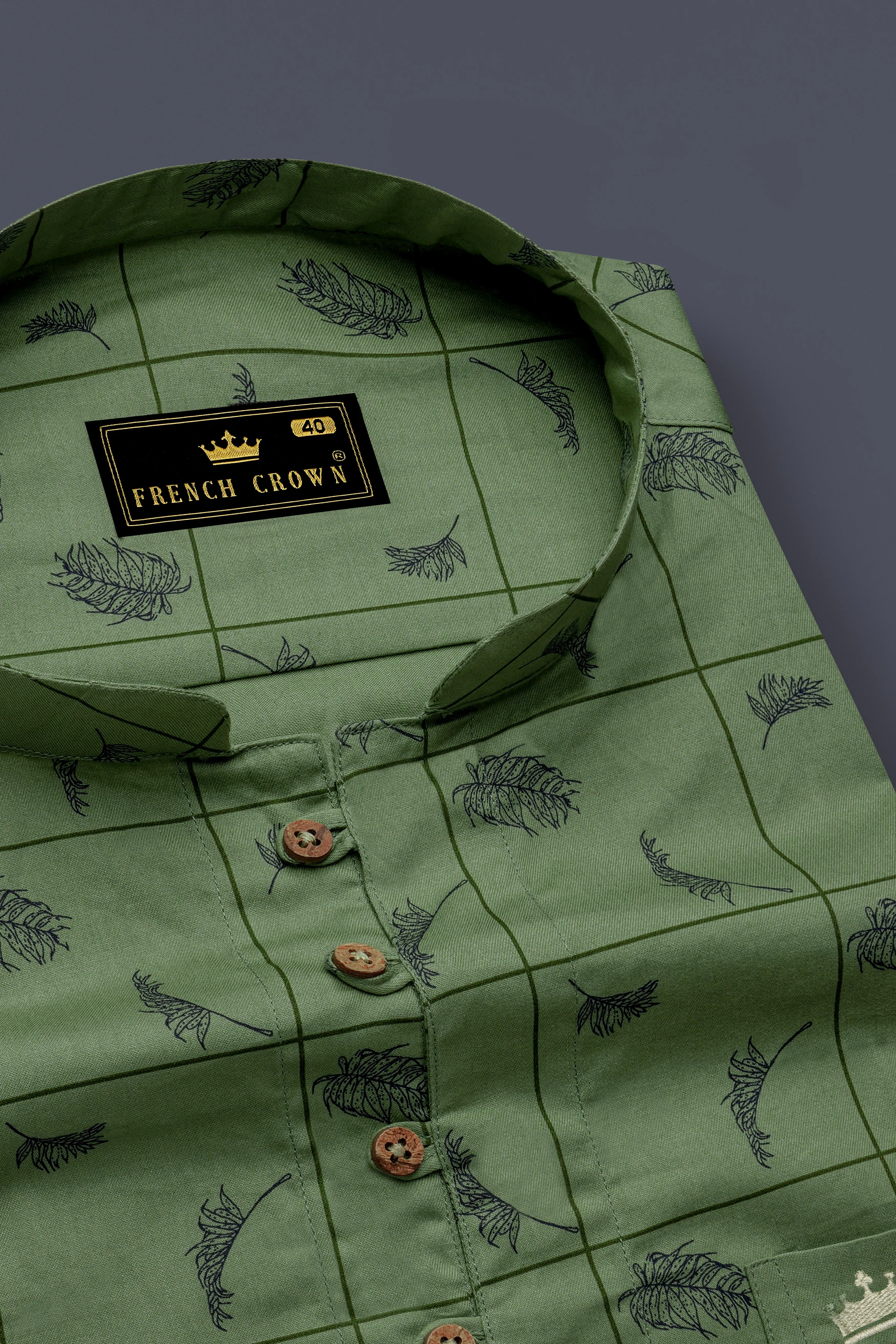 Olivine Green Windowpane with Feather Printed Super Soft Premium Cotton Kurta Shirt sold by French Crown product image thumbnail 4