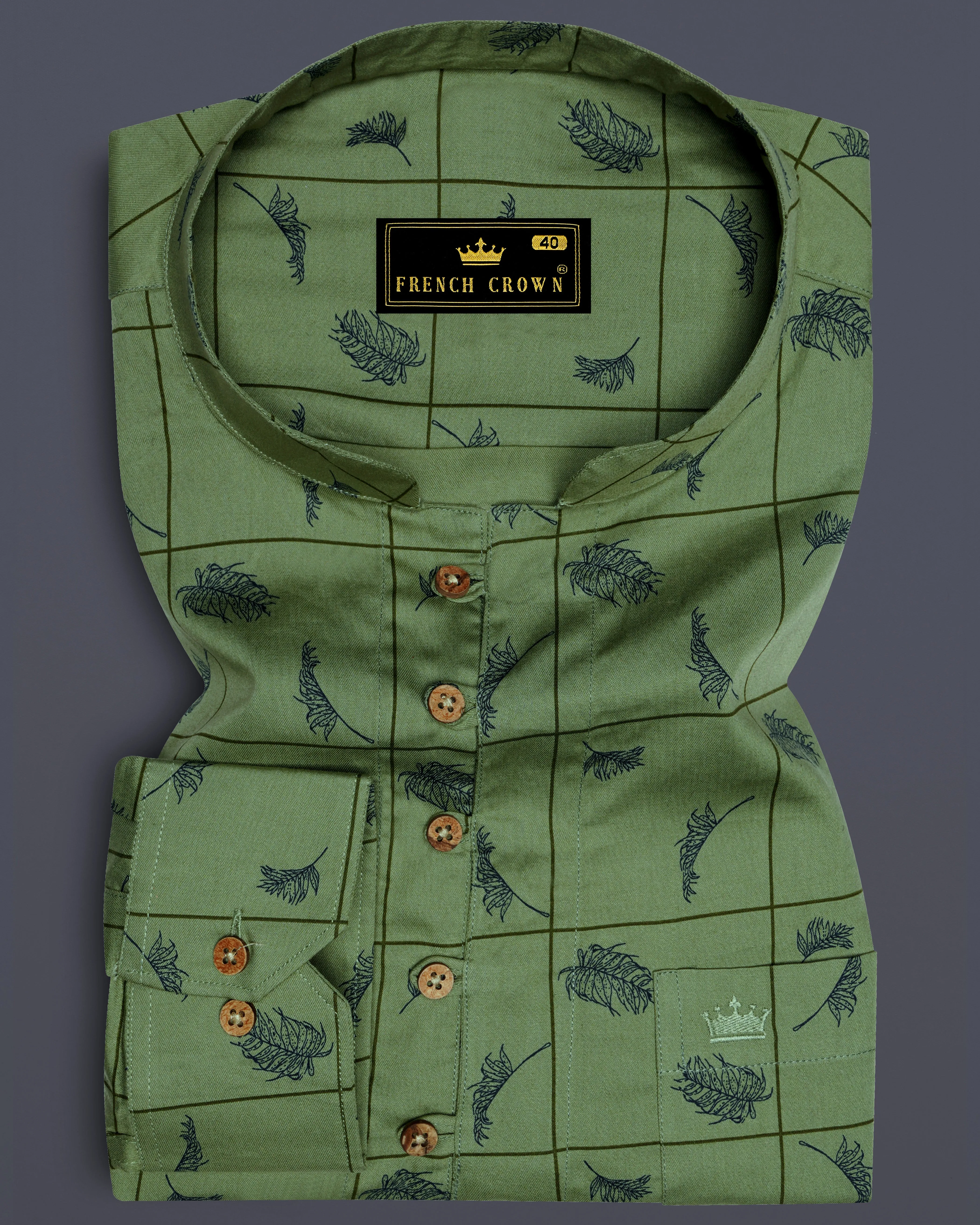 Olivine Green Windowpane with Feather Printed Super Soft Premium Cotton Kurta Shirt sold by French Crown