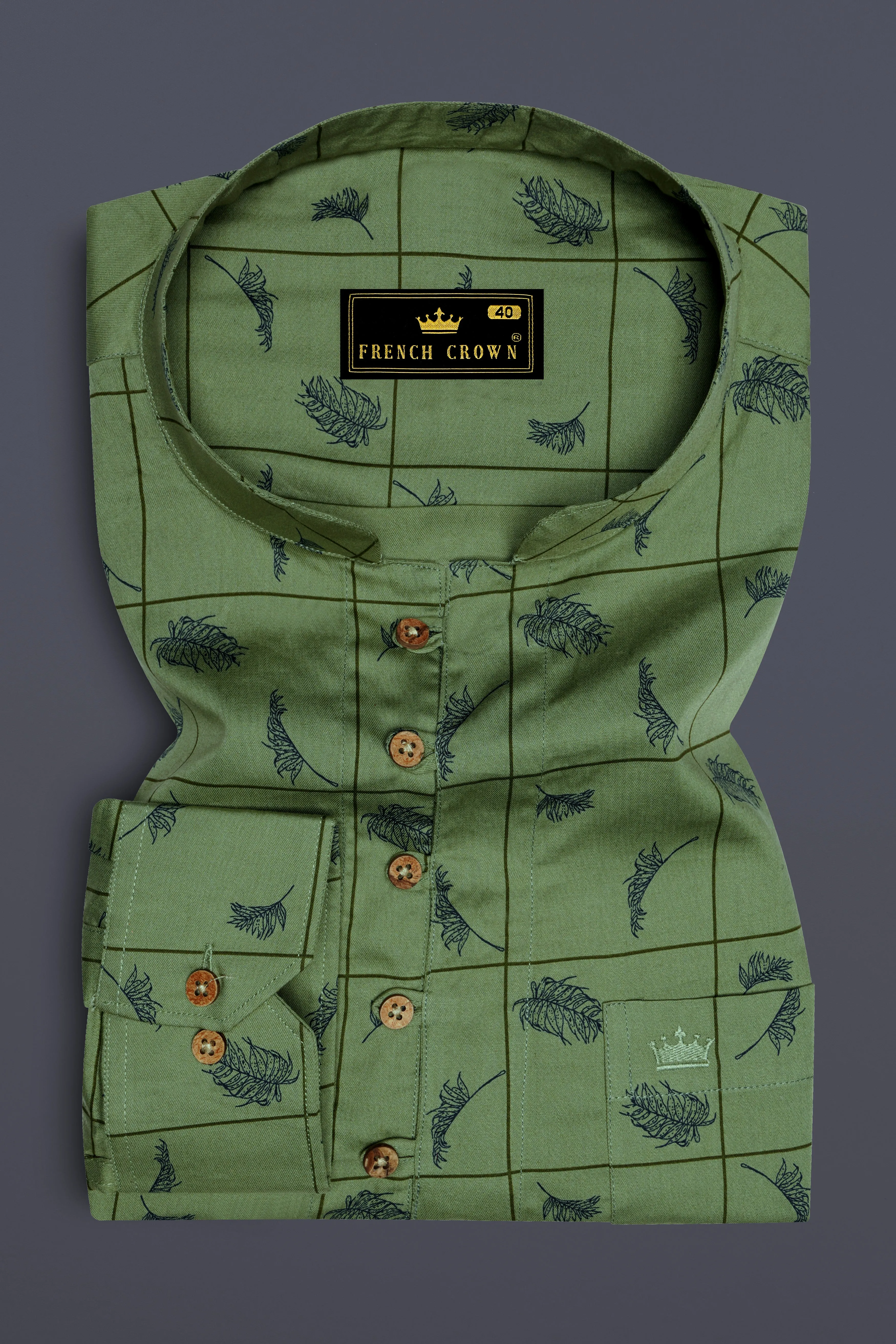 Olivine Green Windowpane with Feather Printed Super Soft Premium Cotton Kurta Shirt sold by French Crown product image thumbnail 2