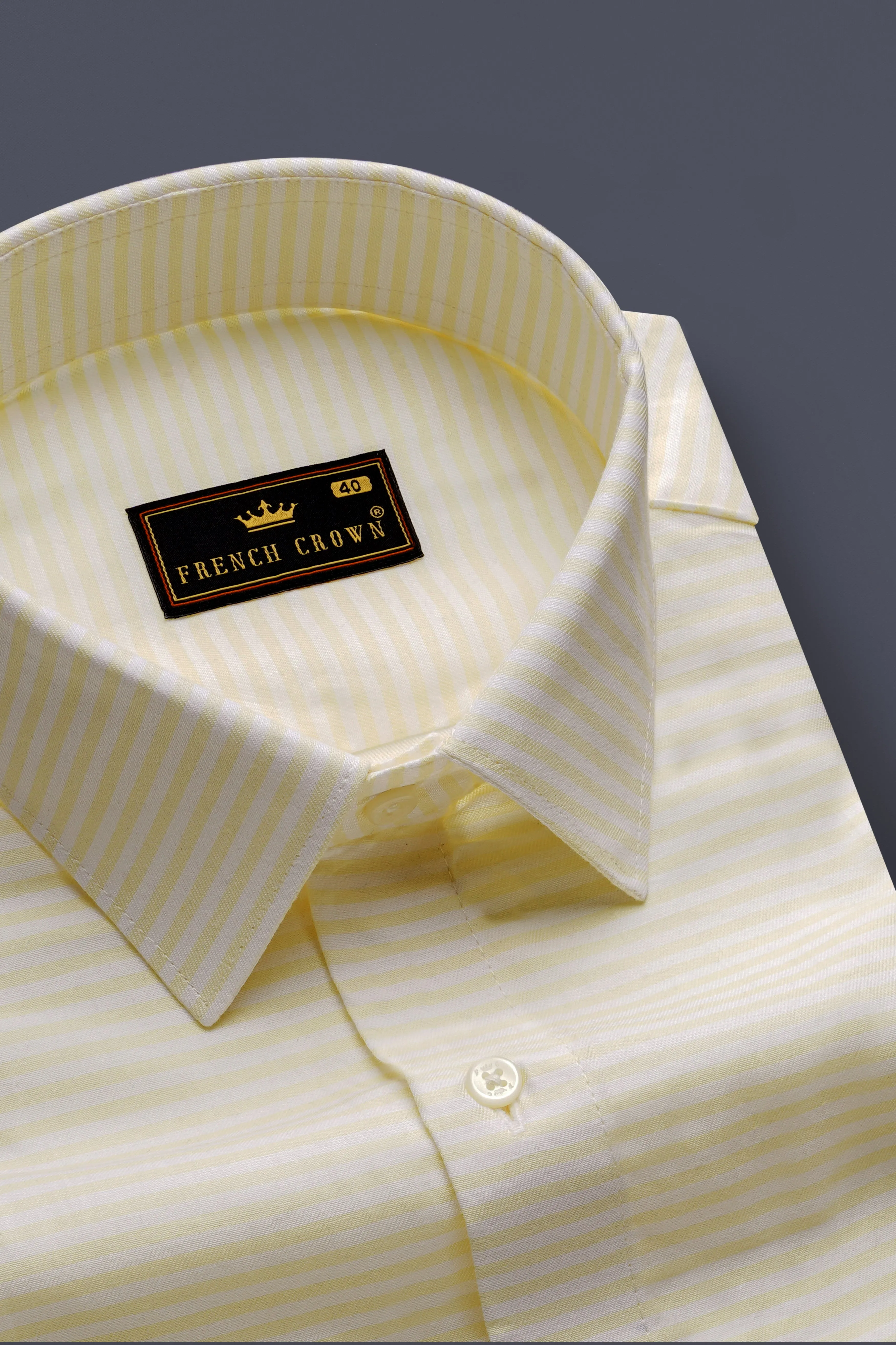 Oasis Yellow and White Striped with Black Piping Work Twill Premium Cotton Shirt sold by French Crown product image thumbnail 4