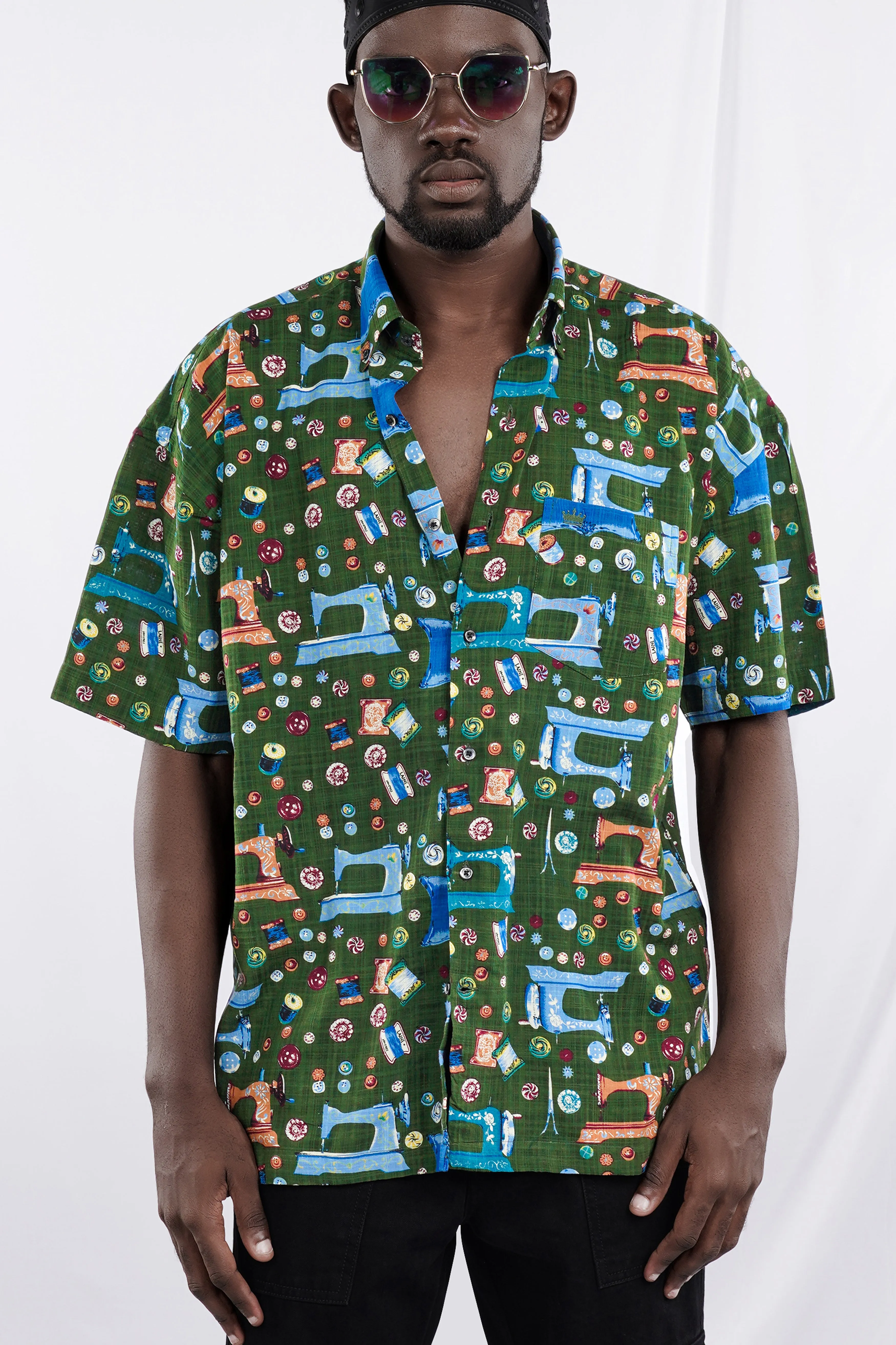 Myrtle Green and Lochmara Blue Printed Lightweight Oversized Premium Cotton Shirt sold by French Crown product image thumbnail 2
