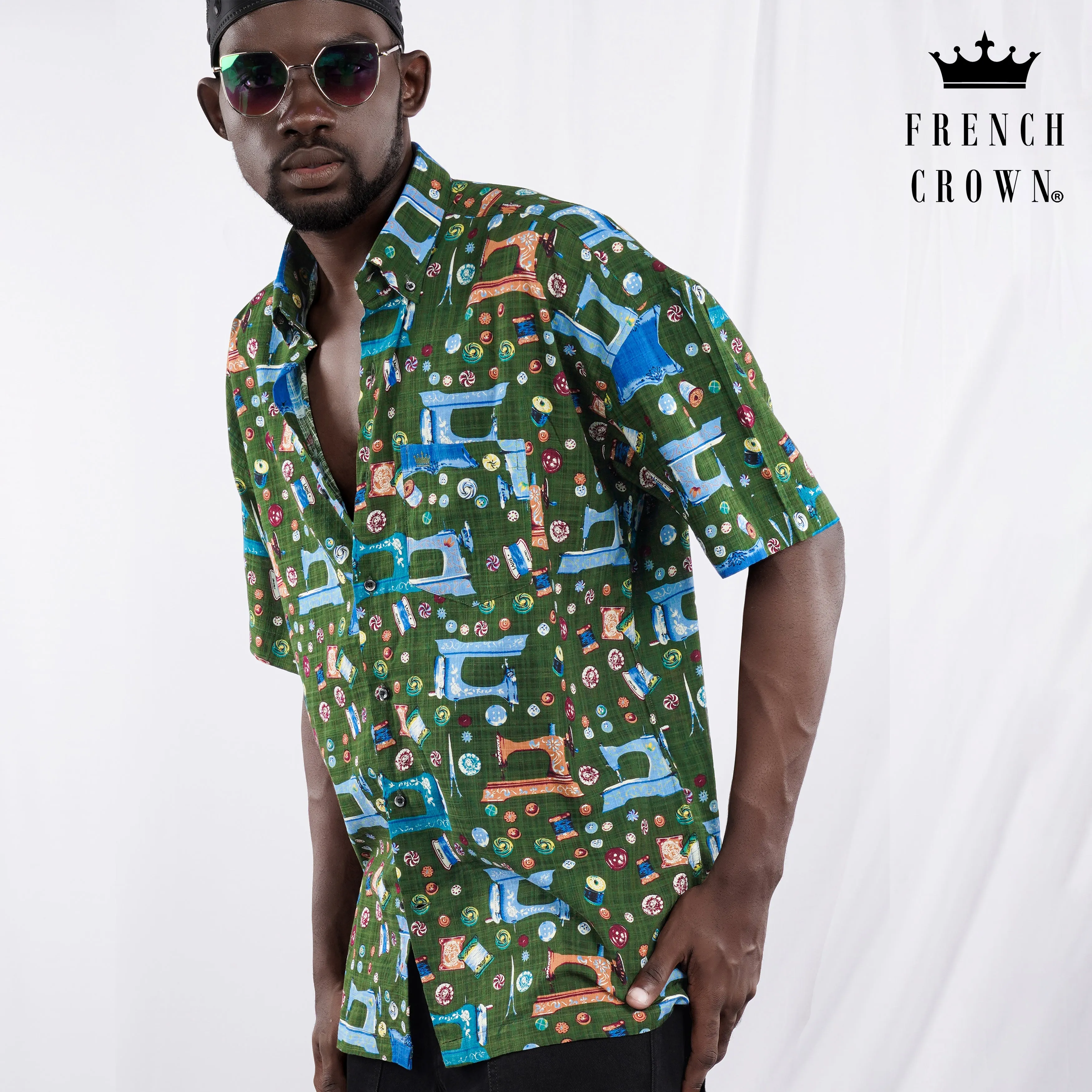 Myrtle Green and Lochmara Blue Printed Lightweight Oversized Premium Cotton Shirt sold by French Crown