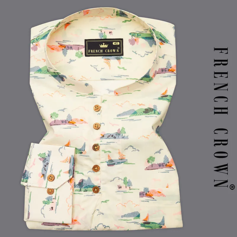 Merino Cream Printed Premium Cotton Kurta Shirt sold by French Crown