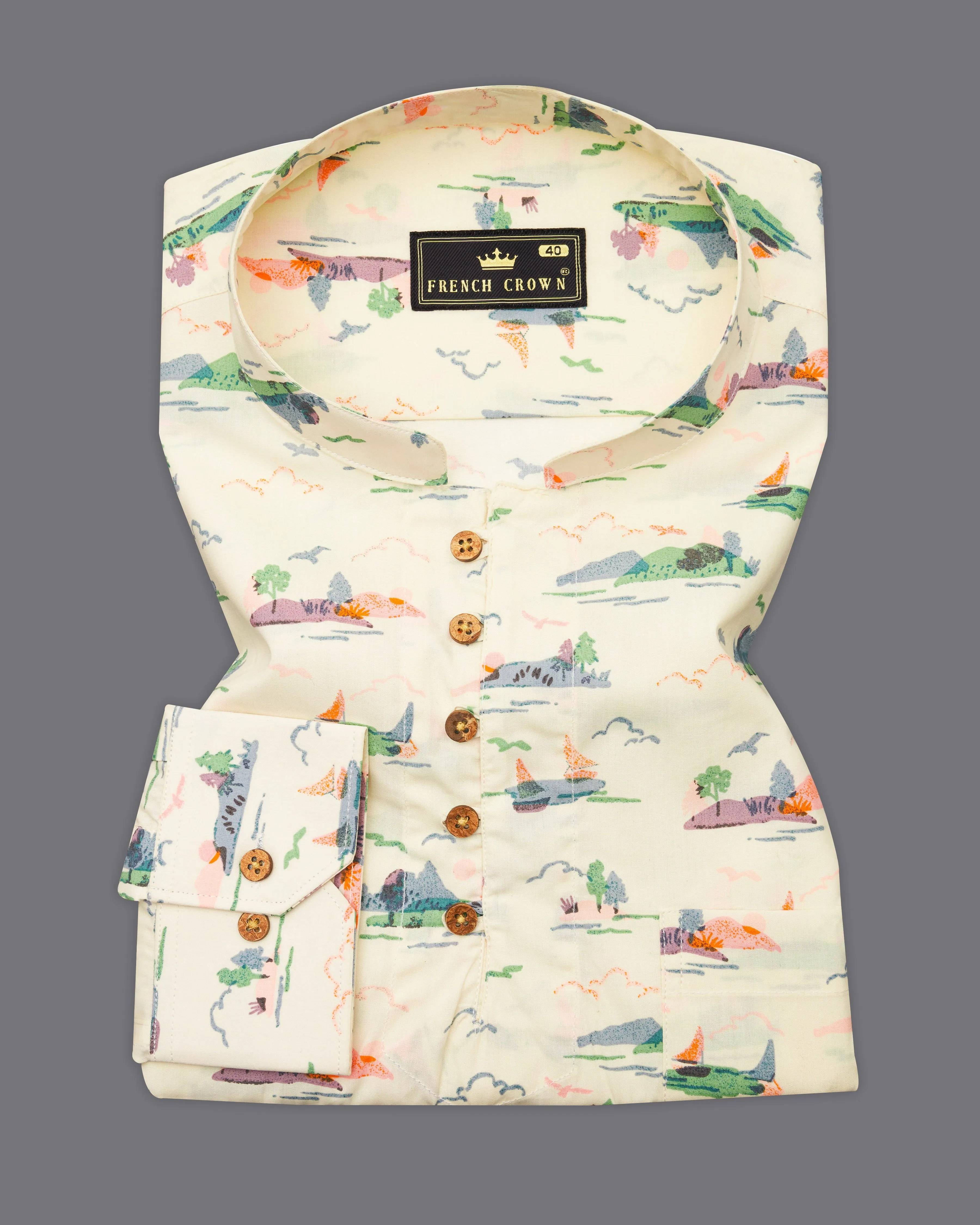 Merino Cream Printed Premium Cotton Kurta Shirt sold by French Crown product image thumbnail 2