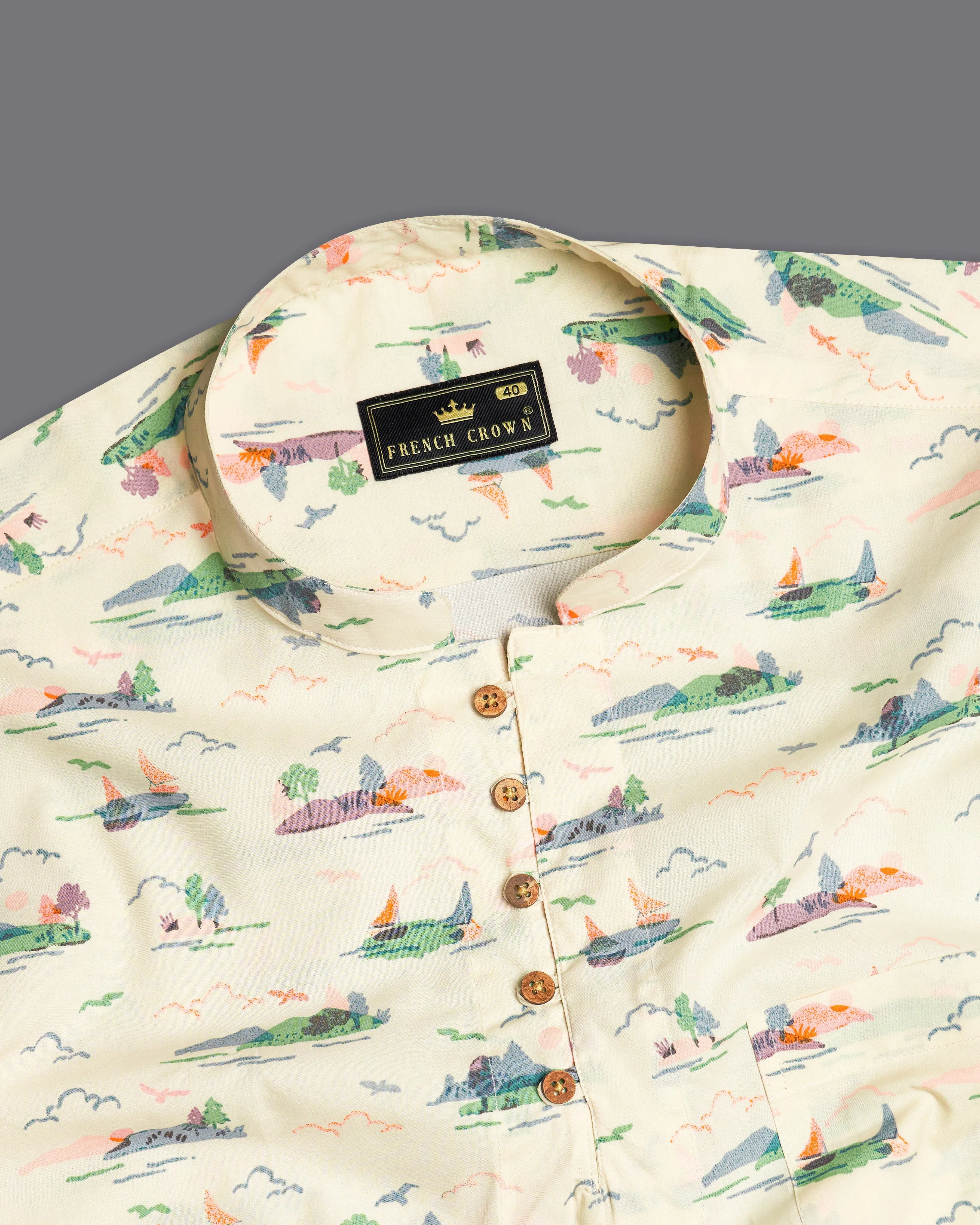 Merino Cream Printed Premium Cotton Kurta Shirt sold by French Crown product image thumbnail 5