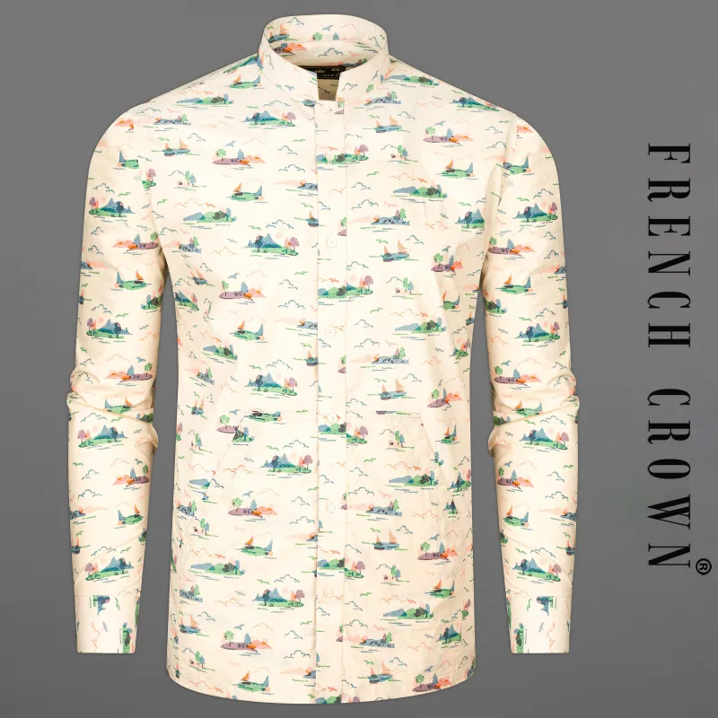 Merino Cream Printed Premium Cotton Designer Shirt sold by French Crown