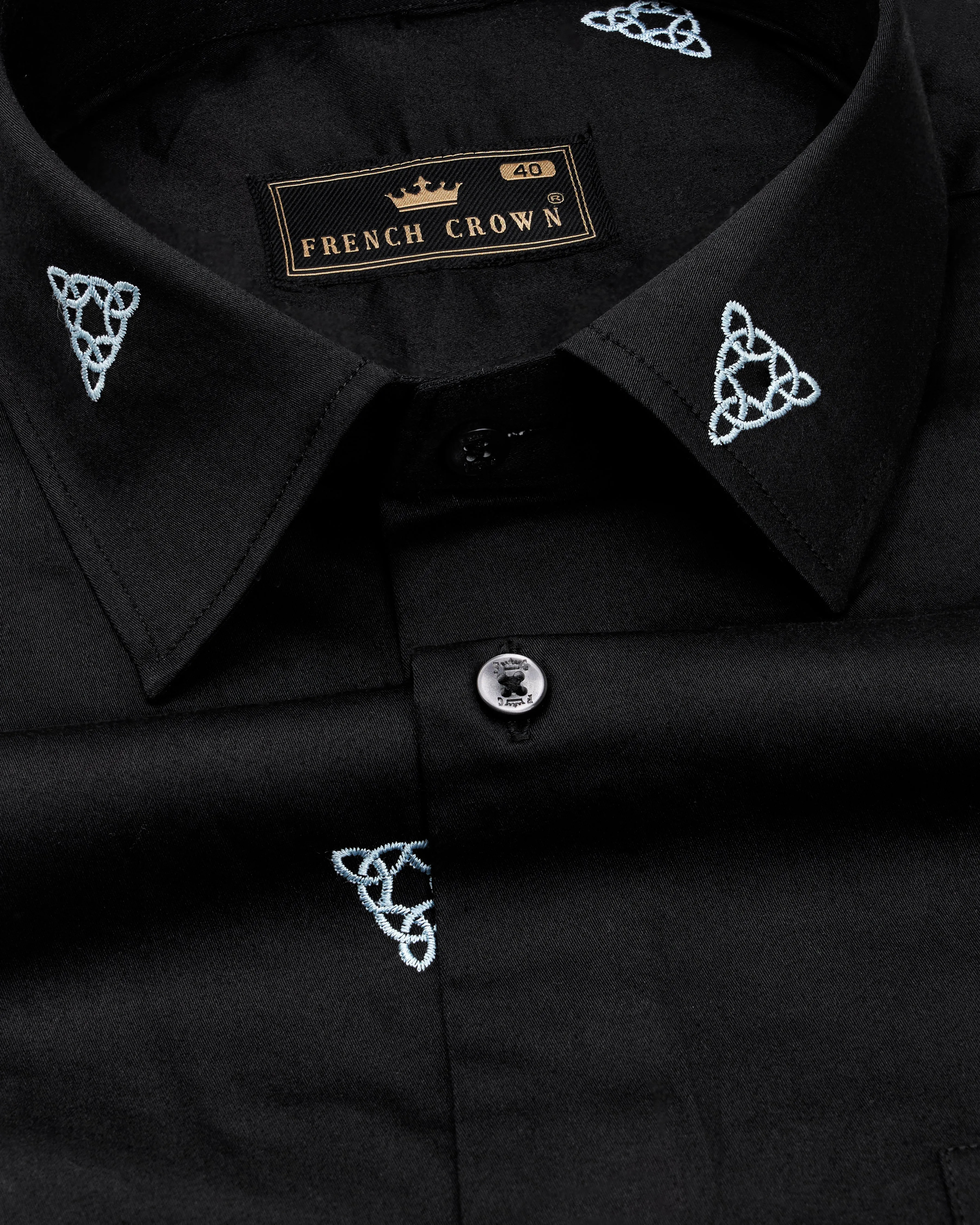 Jade Black with White Embroidered Super Soft Premium Cotton Shirt sold by French Crown