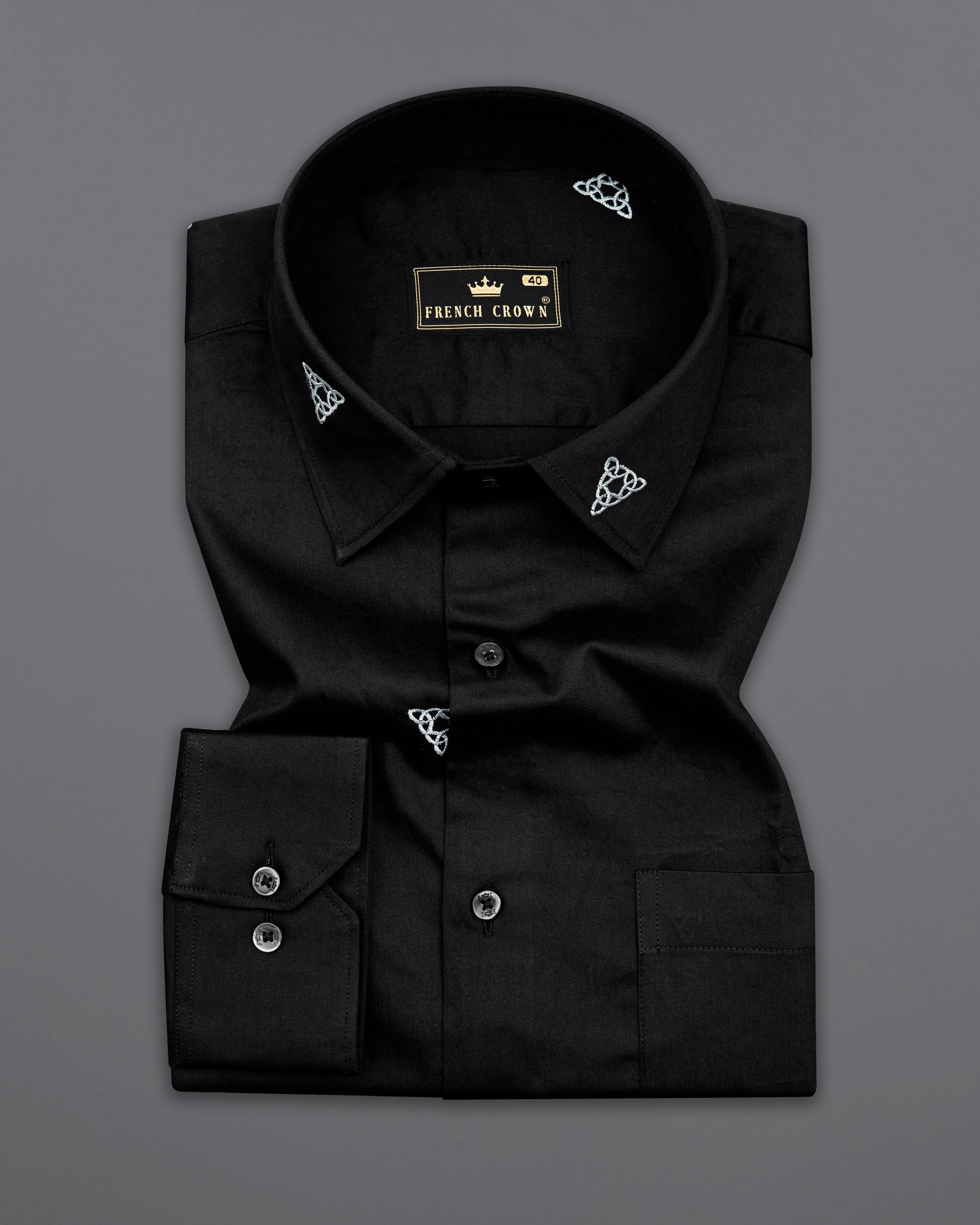 Jade Black with White Embroidered Super Soft Premium Cotton Shirt sold by French Crown product image thumbnail 4