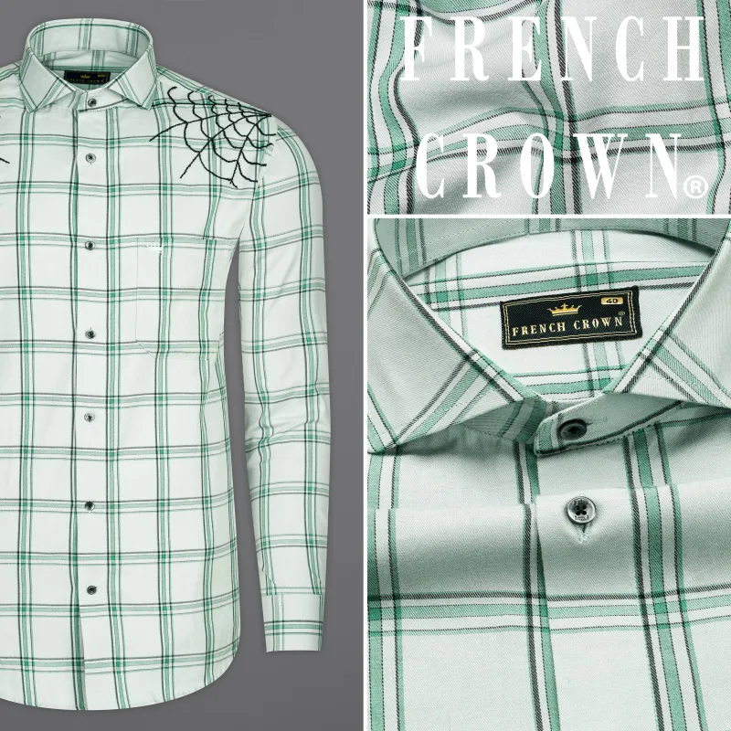 Iron Gray With Green Twill Checkered Premium Cotton Web Hand Embroidered Designer Shirt sold by French Crown