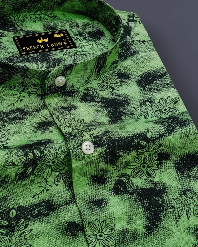 Coriander Green and Black Floral Textured Premium Tencel Shirt sold by French Crown