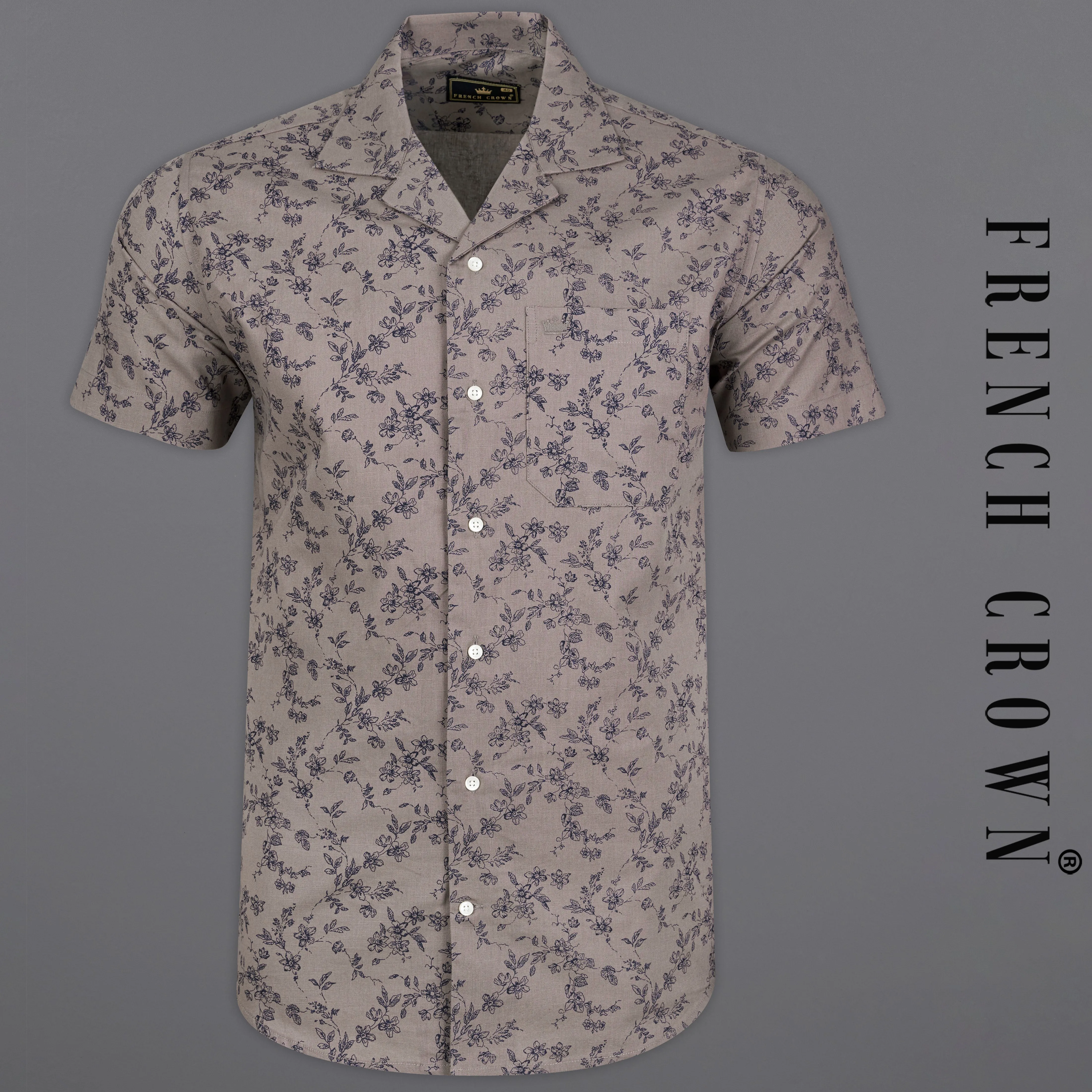 Cinereous Brown Ditsy Textured Luxurious Linen Cuban Collar Shirt sold by French Crown