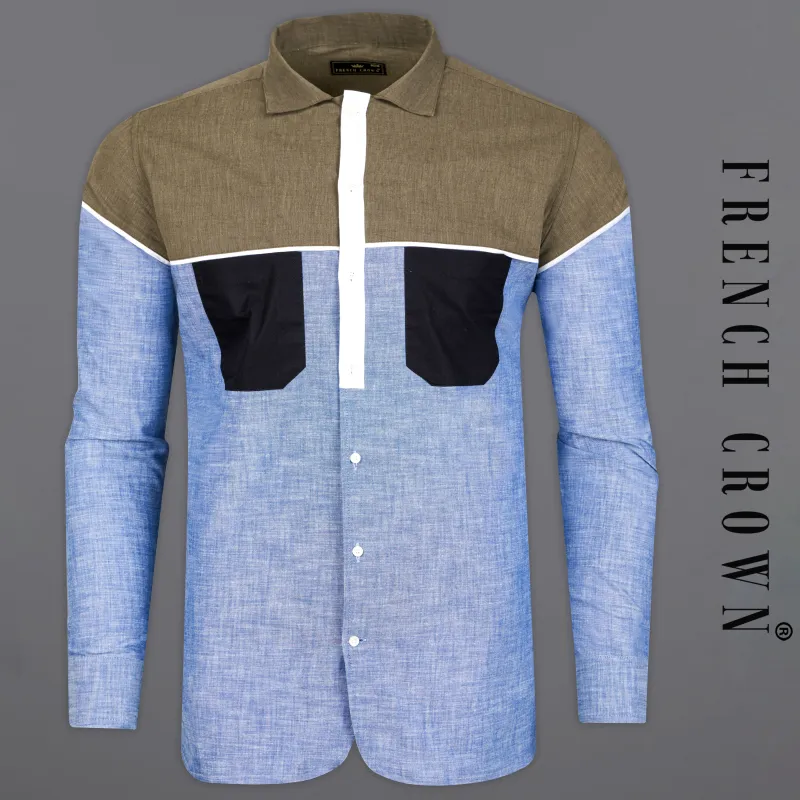 Carolina Blue with Brown and Black Luxurious Linen Designer Shirt sold by French Crown