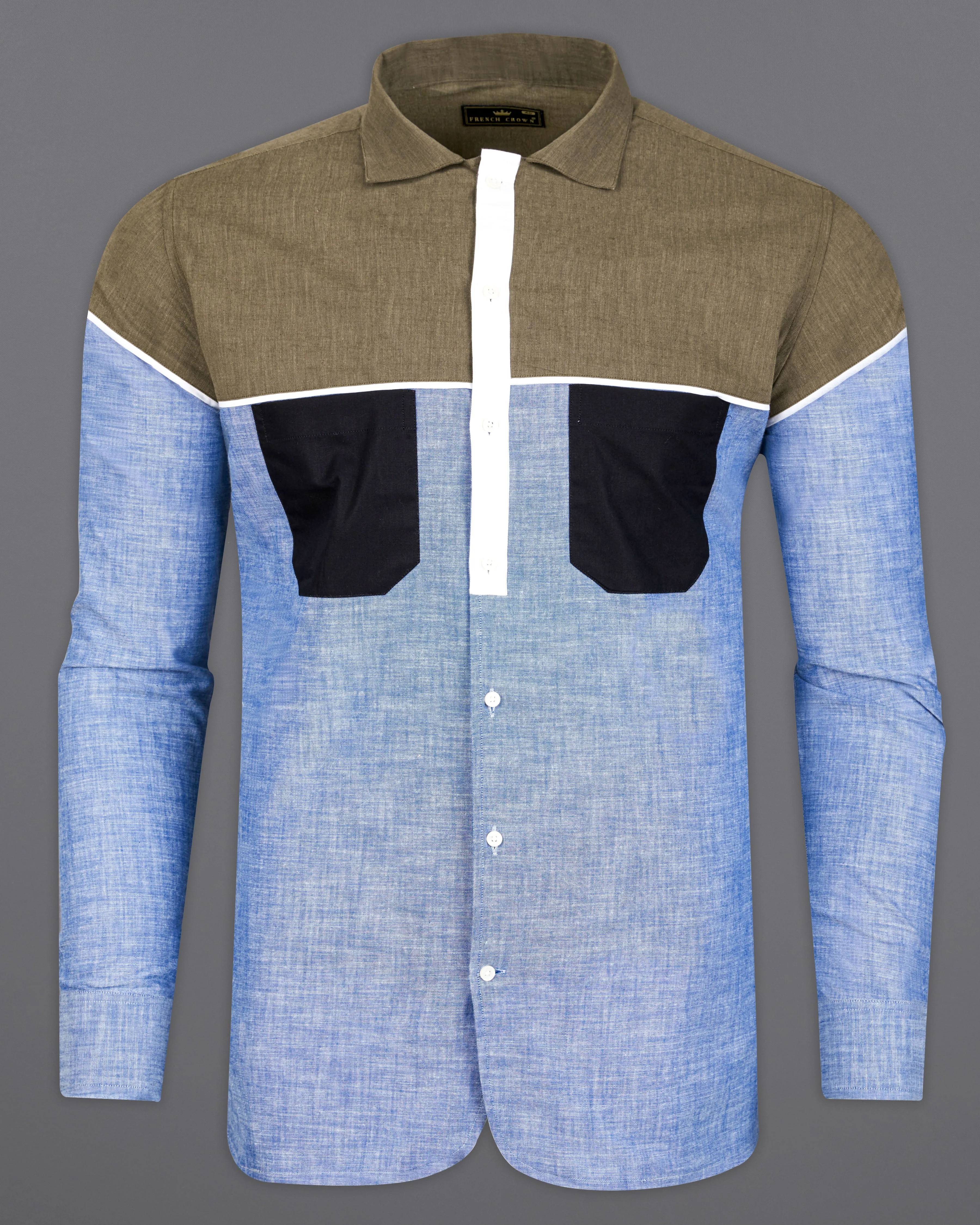 Carolina Blue with Brown and Black Luxurious Linen Designer Shirt sold by French Crown product image thumbnail 2