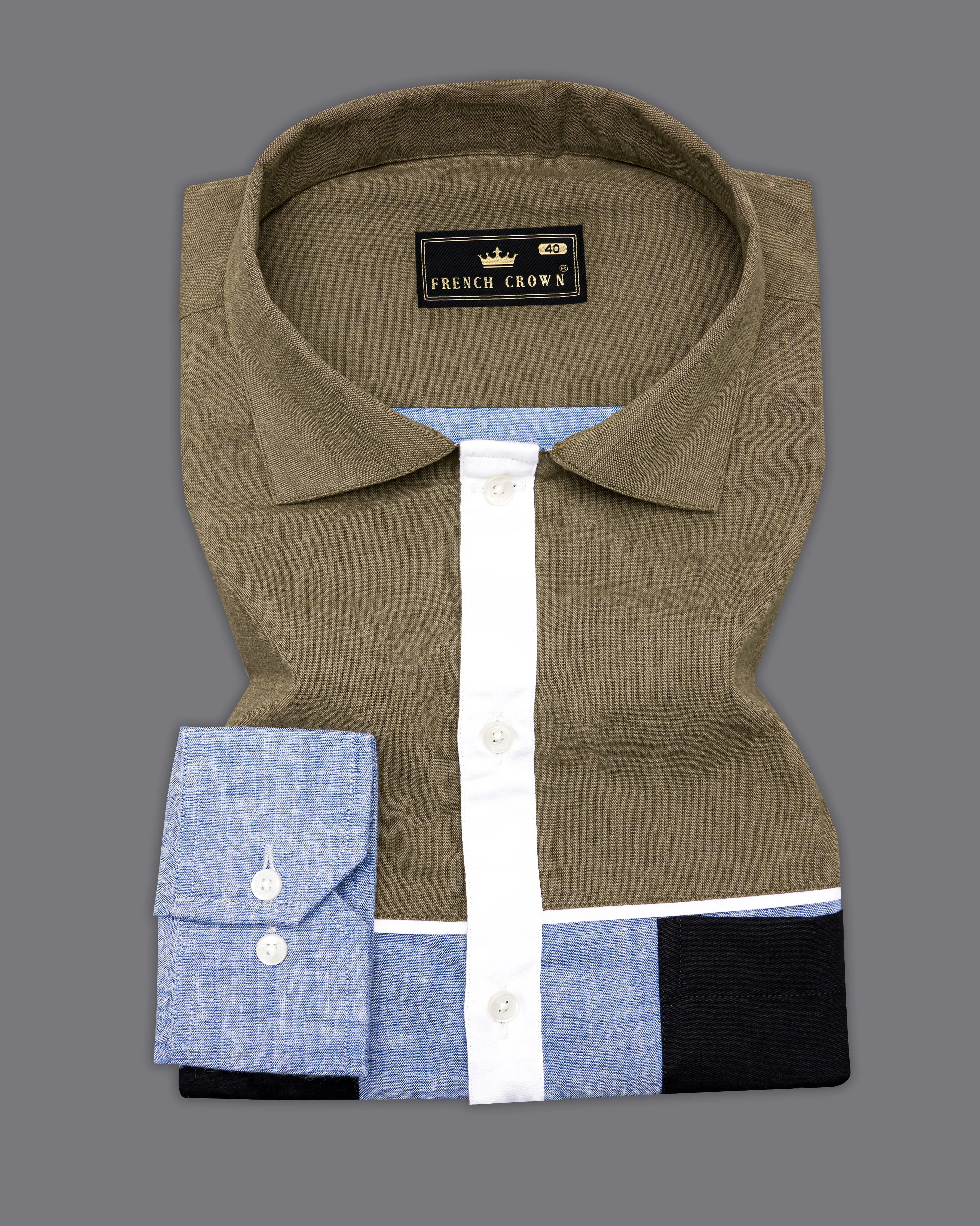 Carolina Blue with Brown and Black Luxurious Linen Designer Shirt sold by French Crown product image thumbnail 5