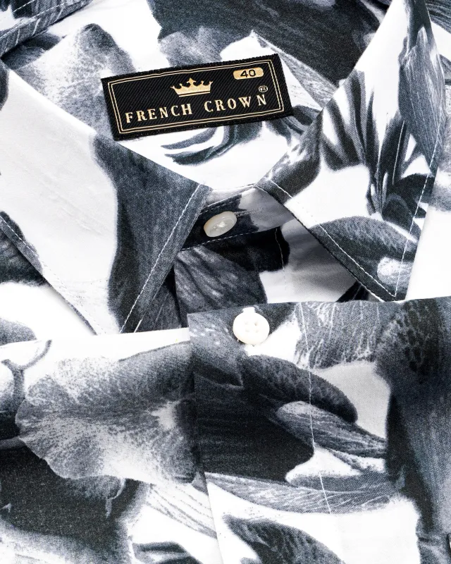 Bright White with Storm Gray Leaves Printed Premium Cotton Shirt sold by French Crown