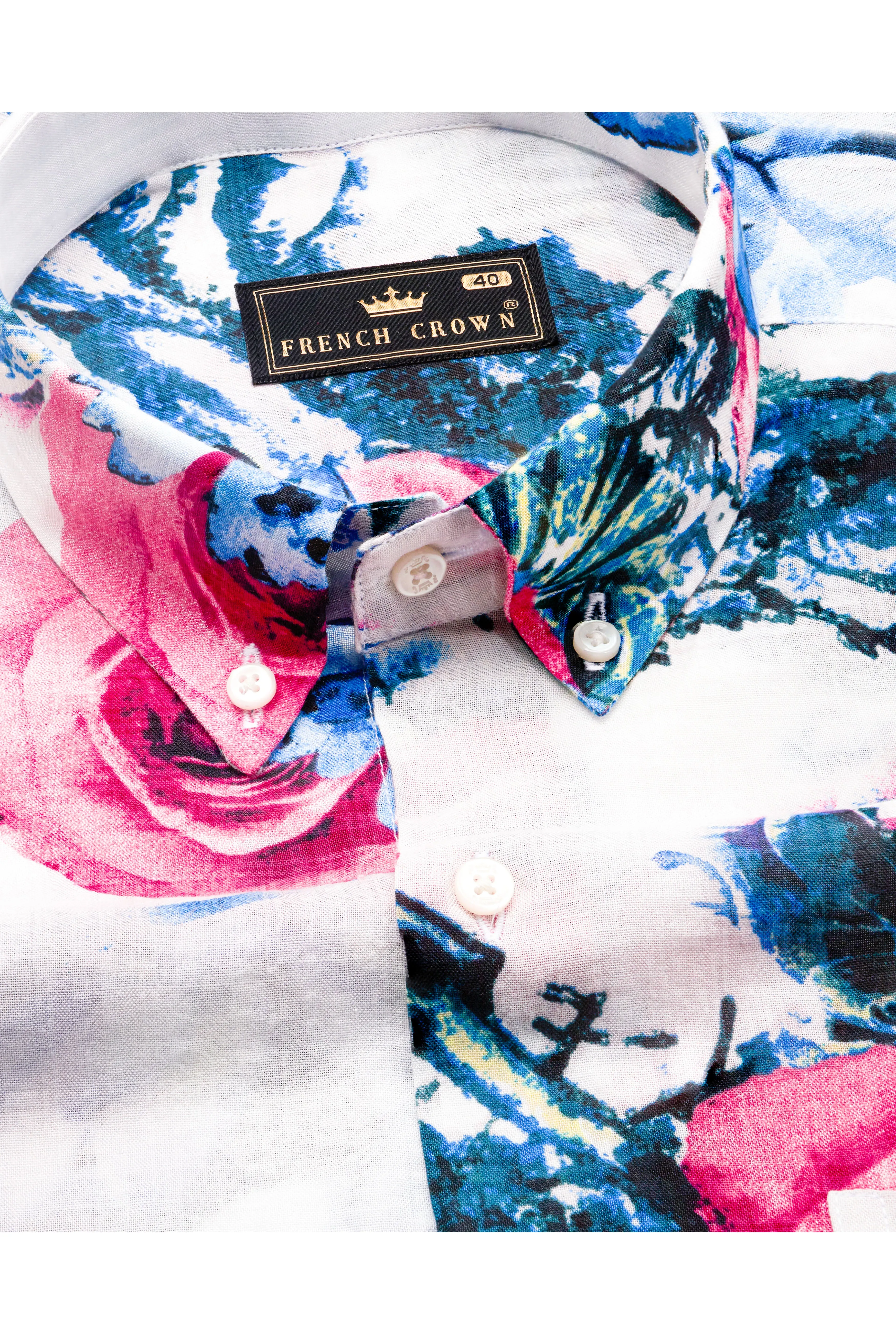 Bright White with Moonstone Blue Rose Printed Lightweight Oversized Premium Cotton Shirt sold by French Crown product image thumbnail 4