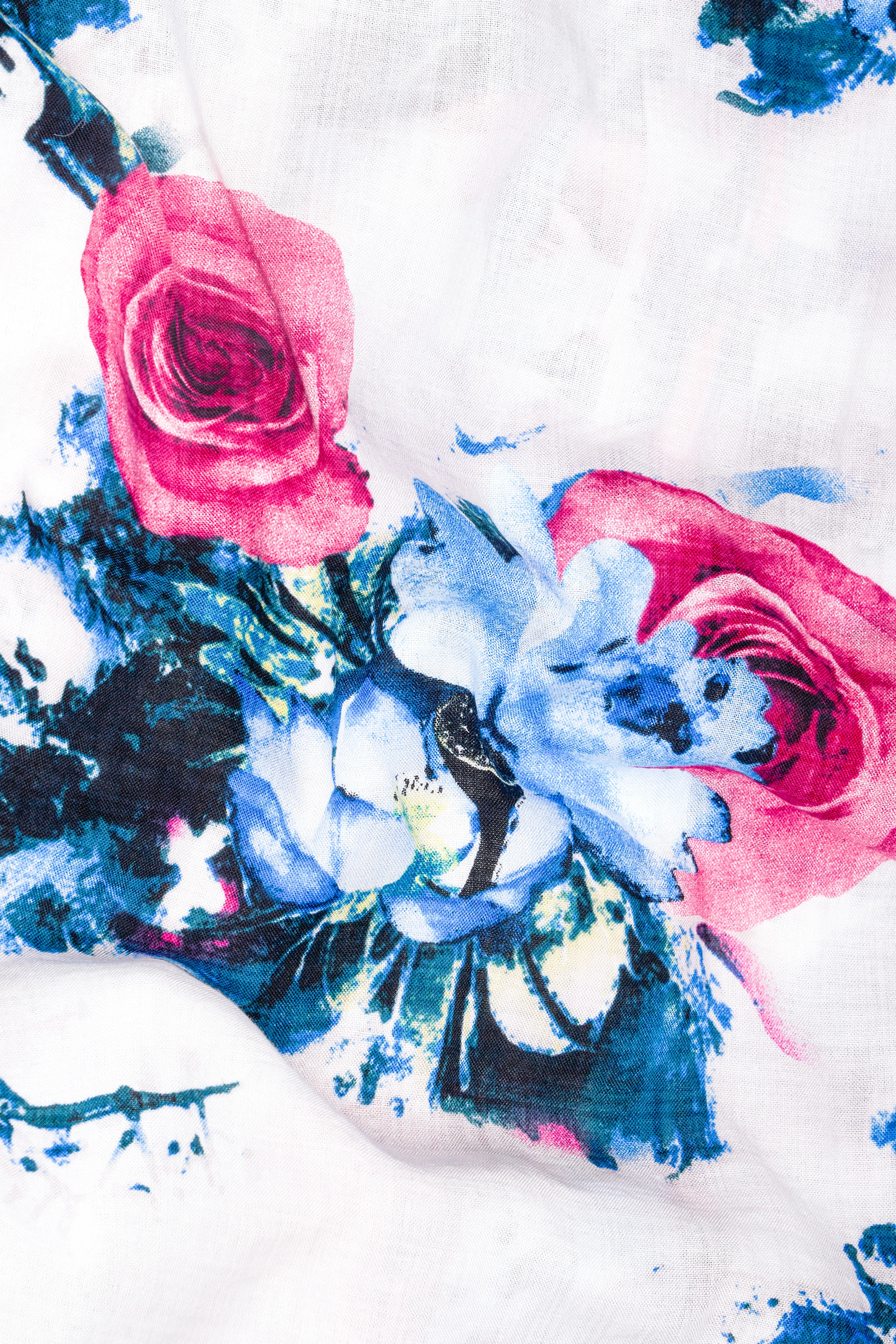 Bright White with Moonstone Blue Rose Printed Lightweight Oversized Premium Cotton Shirt sold by French Crown product image thumbnail 3