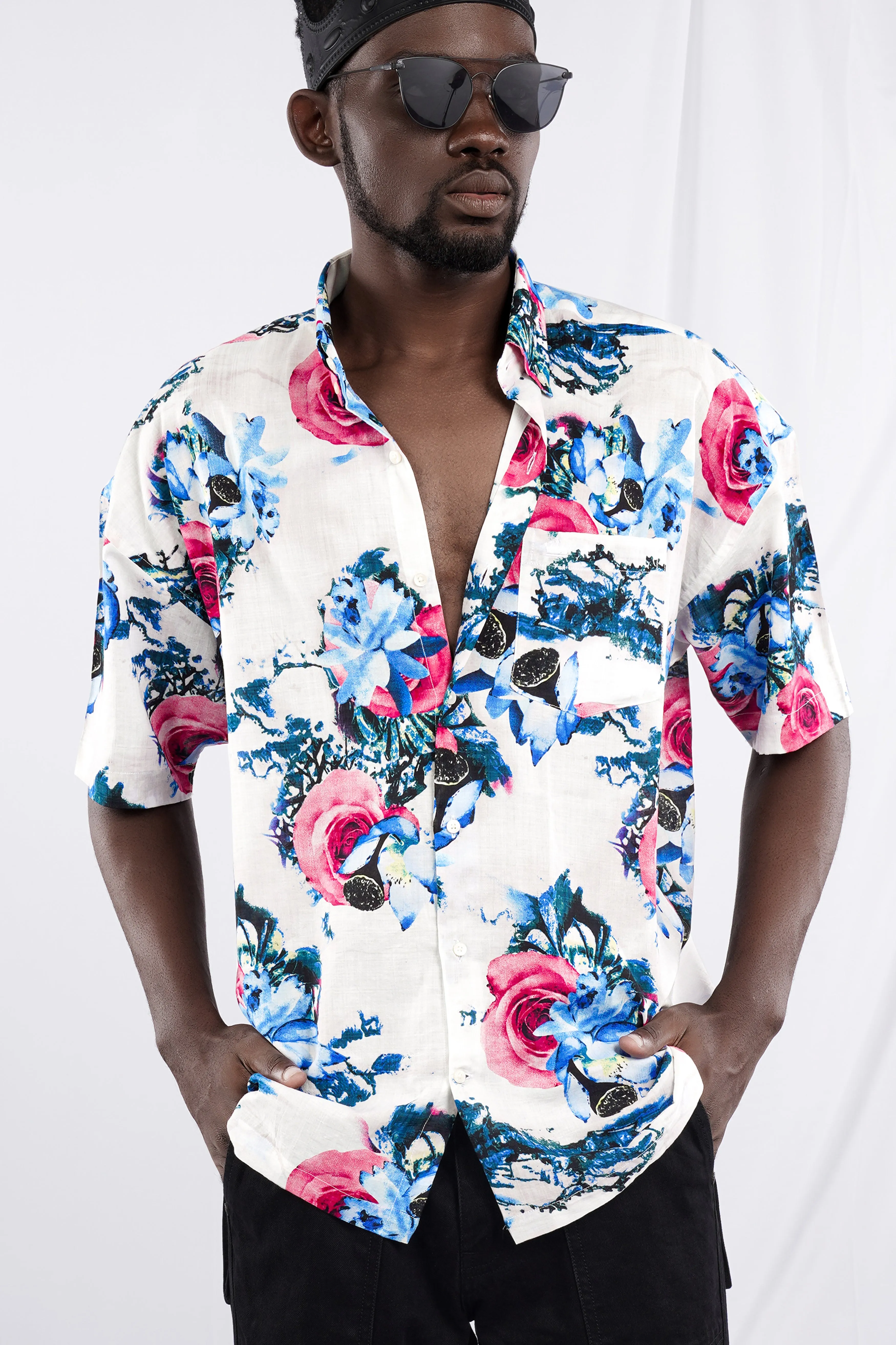 Bright White with Moonstone Blue Rose Printed Lightweight Oversized Premium Cotton Shirt sold by French Crown product image thumbnail 2