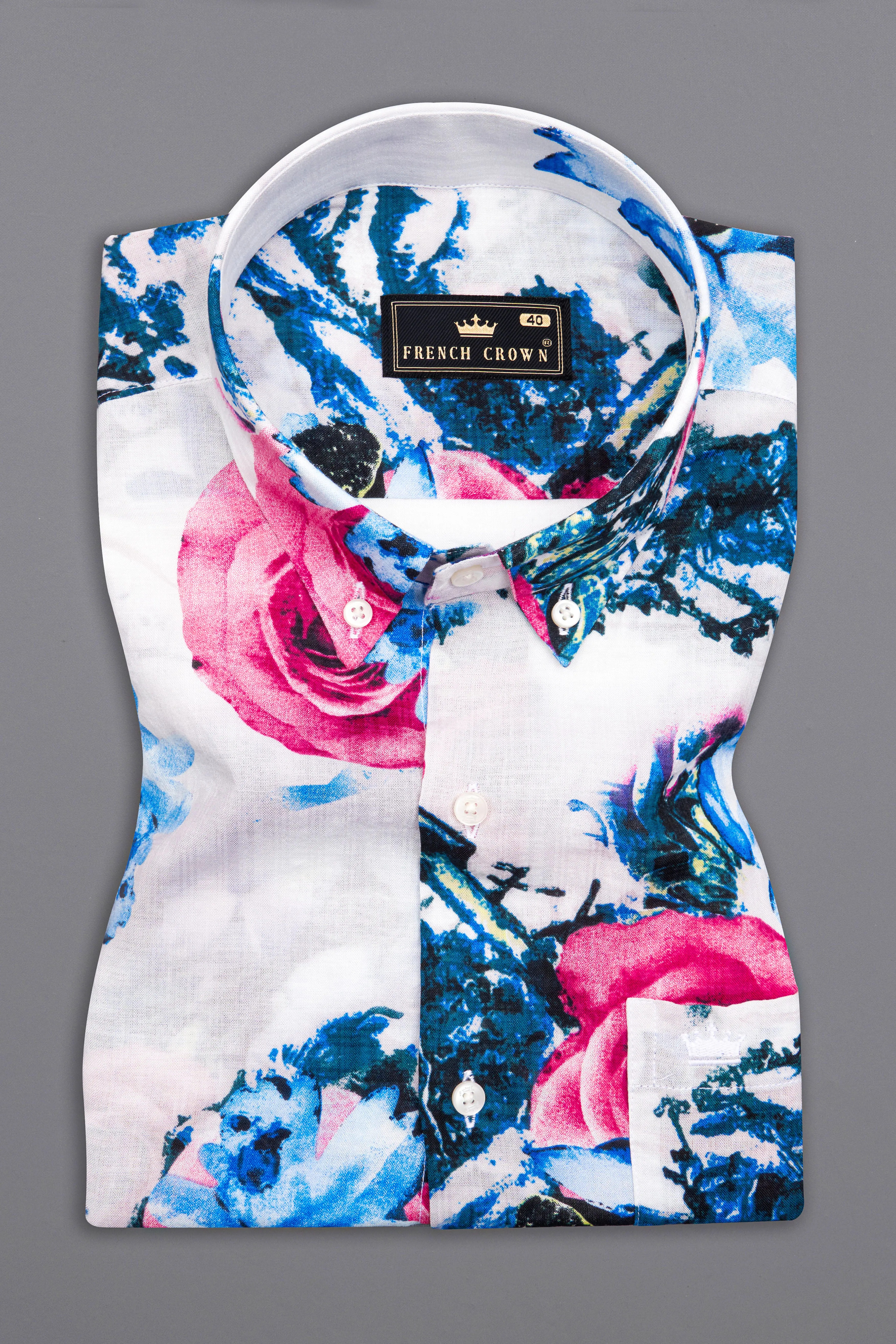 Bright White with Moonstone Blue Rose Printed Lightweight Oversized Premium Cotton Shirt sold by French Crown product image thumbnail 5