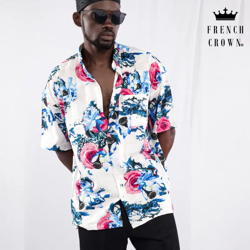 Bright White with Moonstone Blue Rose Printed Lightweight Oversized  Premium Cotton Shirt sold by French Crown