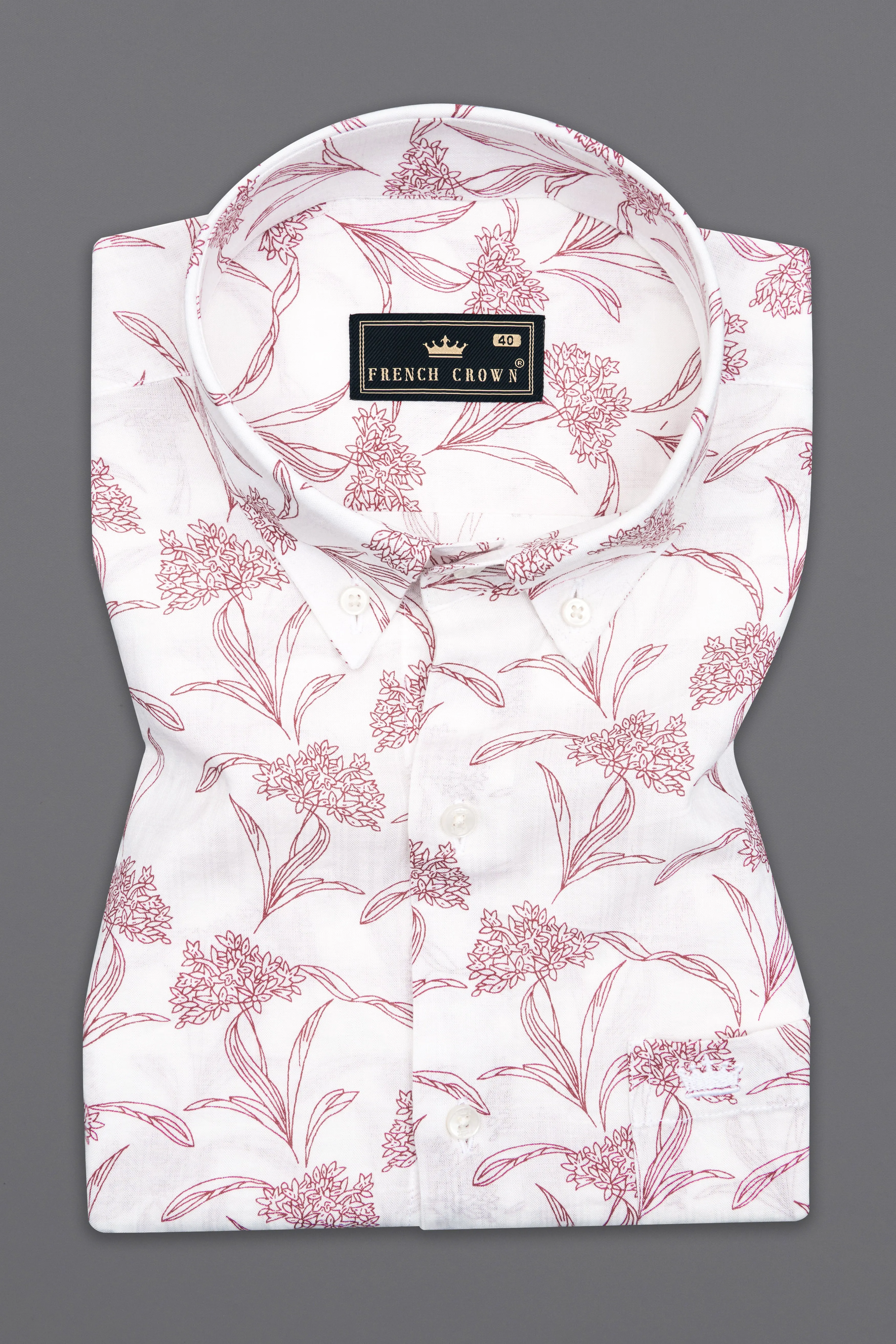 Bright White with Cordovan Maroon Floral Printed Lightweight Oversized Premium Cotton Shirt sold by French Crown product image thumbnail 5