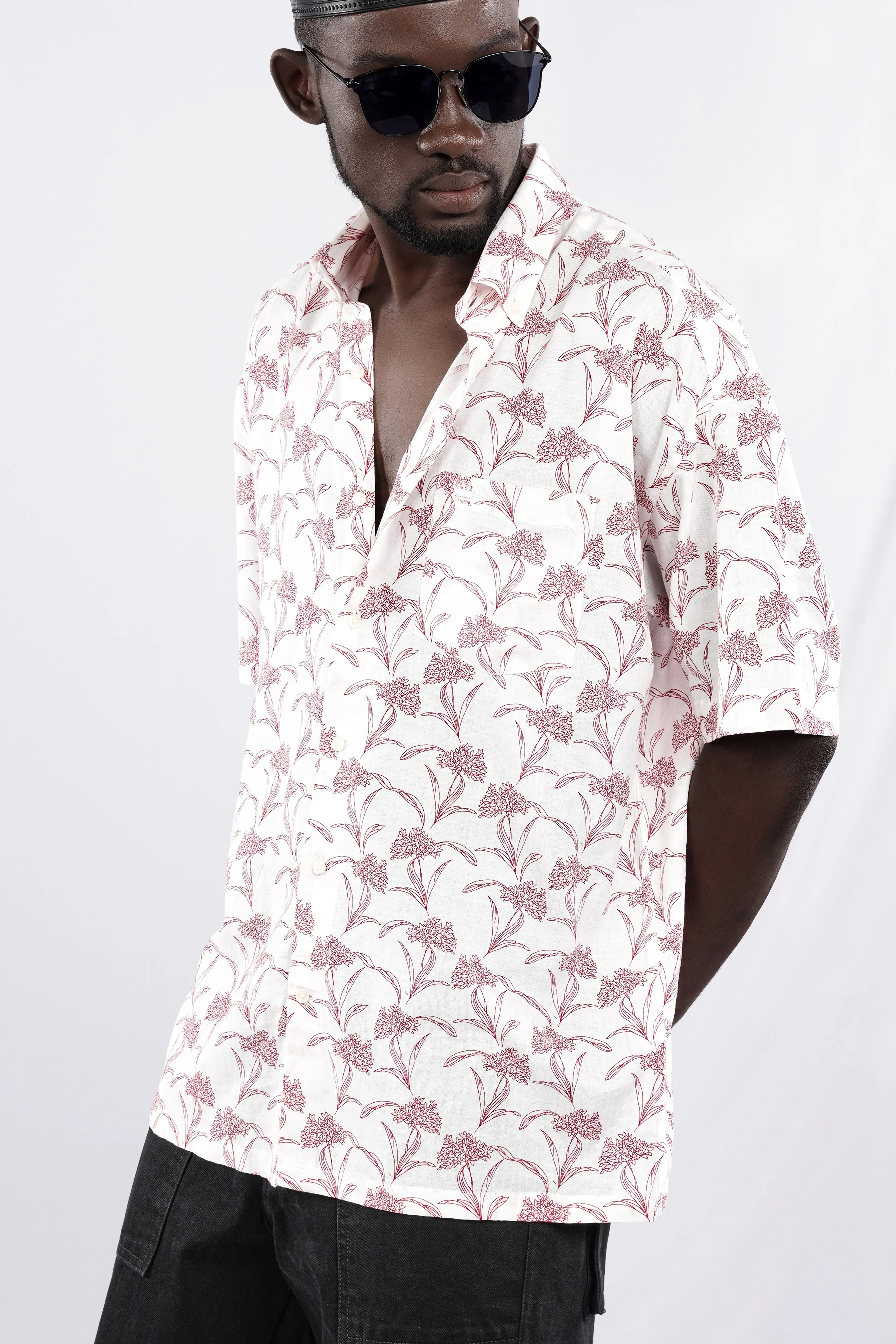 Bright White with Cordovan Maroon Floral Printed Lightweight Oversized Premium Cotton Shirt sold by French Crown product image thumbnail 2