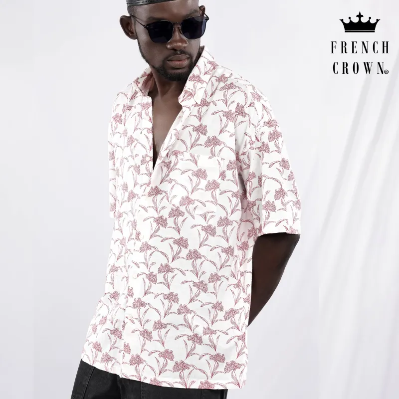 Bright White with Cordovan Maroon Floral Printed Lightweight Oversized Premium Cotton Shirt sold by French Crown