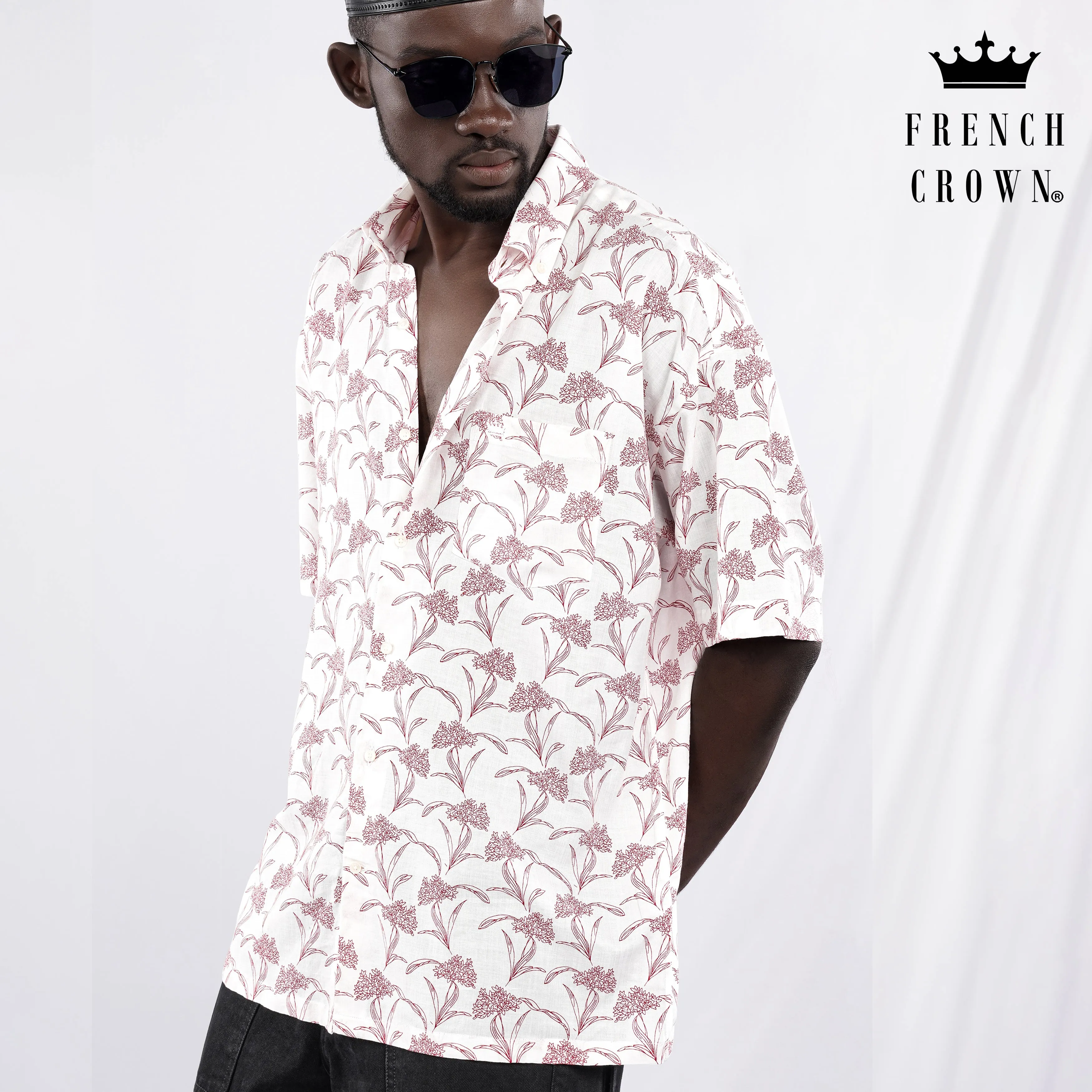 Bright White with Cordovan Maroon Floral Printed Lightweight Oversized Premium Cotton Shirt sold by French Crown