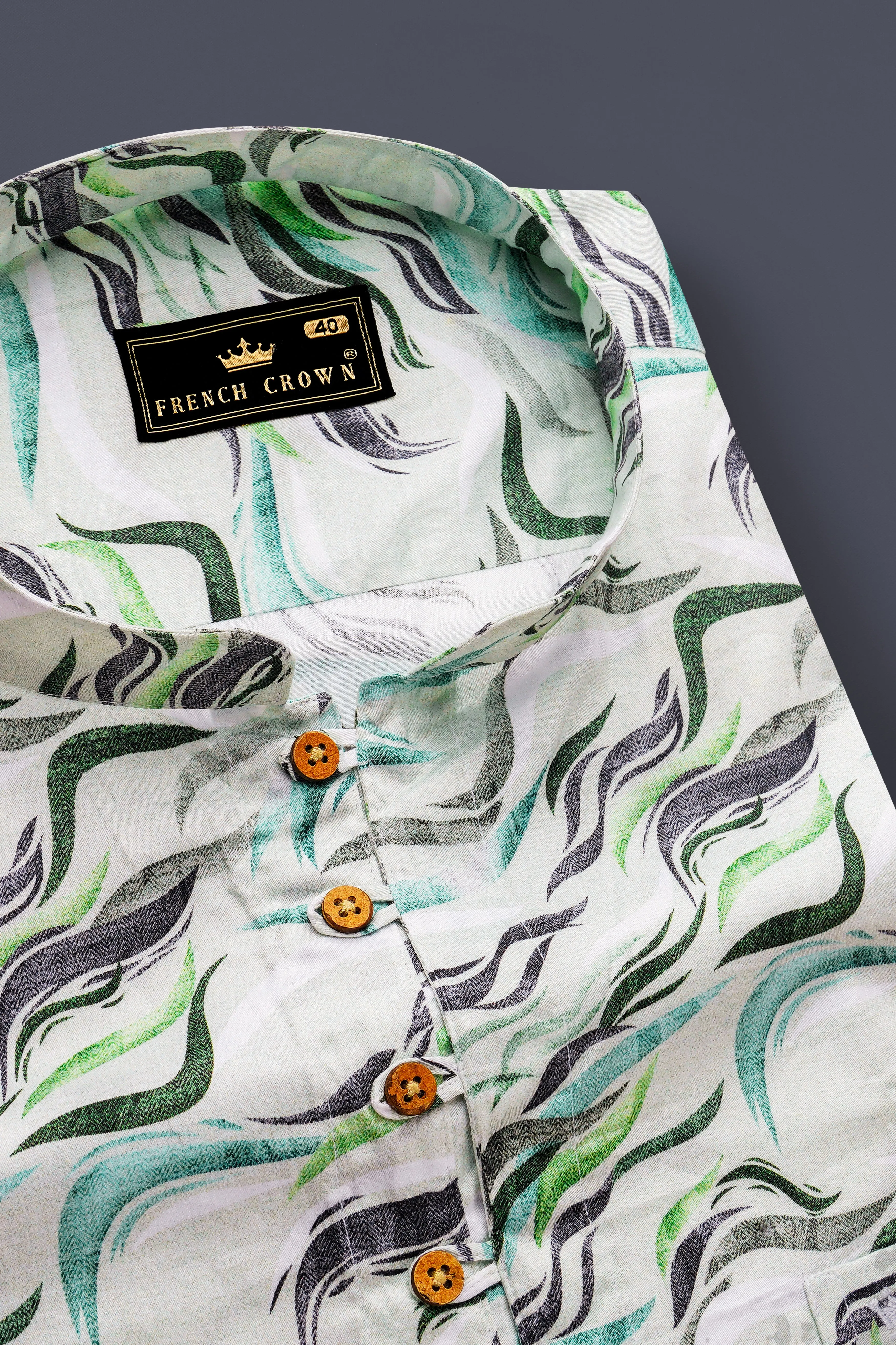 Bright White with Casper Blue and Pistachio Green Printed Super Soft Premium Cotton Kurta Shirt sold by French Crown product image thumbnail 4